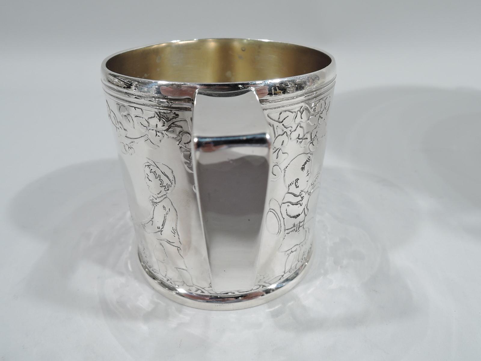 20th Century Antique Tiffany Art Deco Sterling Silver Baby Cup with Child Gardeners