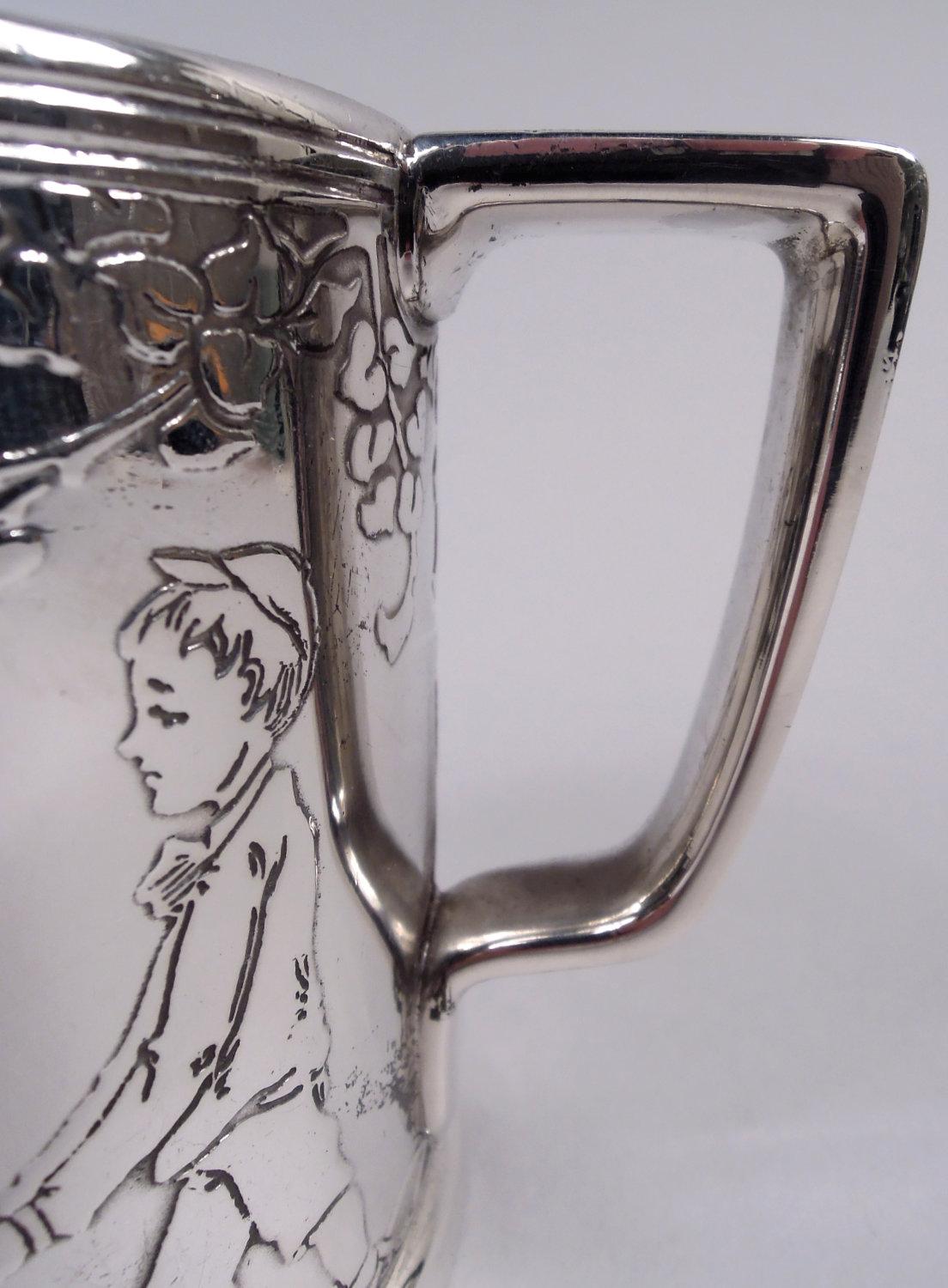 20th Century Antique Tiffany Art Deco Sterling Silver Baby Cup with Child Gardeners For Sale