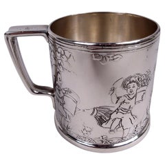 Antique Tiffany Art Deco Sterling Silver Baby Cup with Child Gardeners
