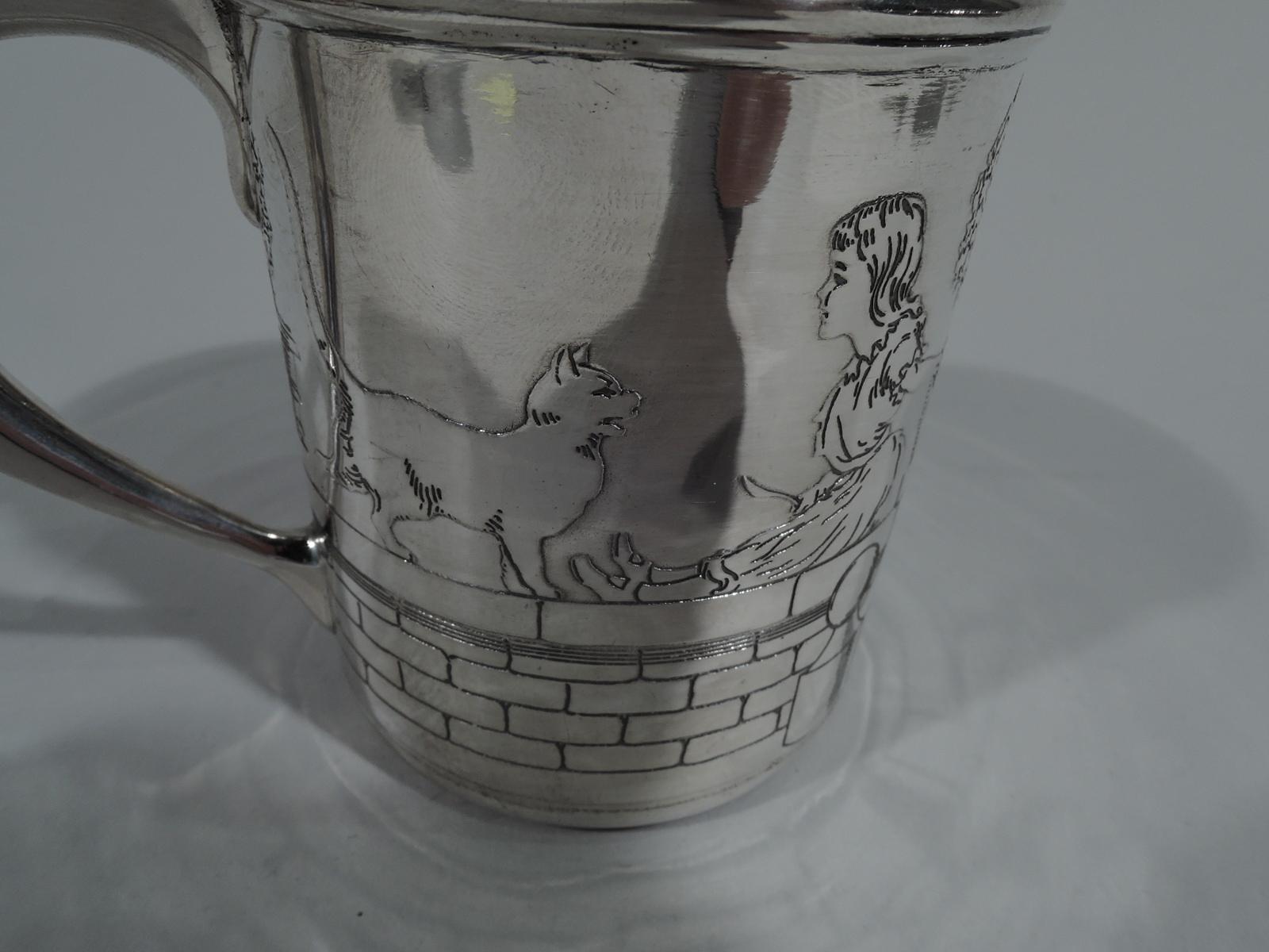 Antique Tiffany Art Deco Sterling Silver Pictorial Baby Cup In Excellent Condition In New York, NY