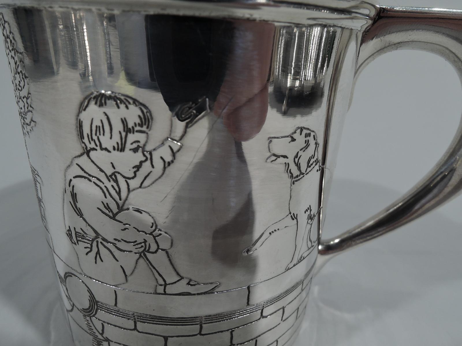 20th Century Antique Tiffany Art Deco Sterling Silver Pictorial Baby Cup