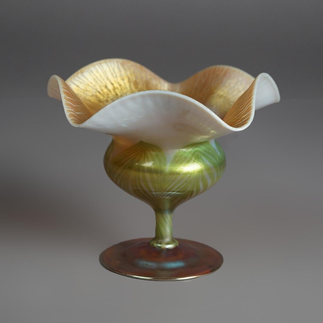 Arts and Crafts Antique Tiffany Art Glass Flora Form Favrile Pulled Feather Stemmed Vase C1910