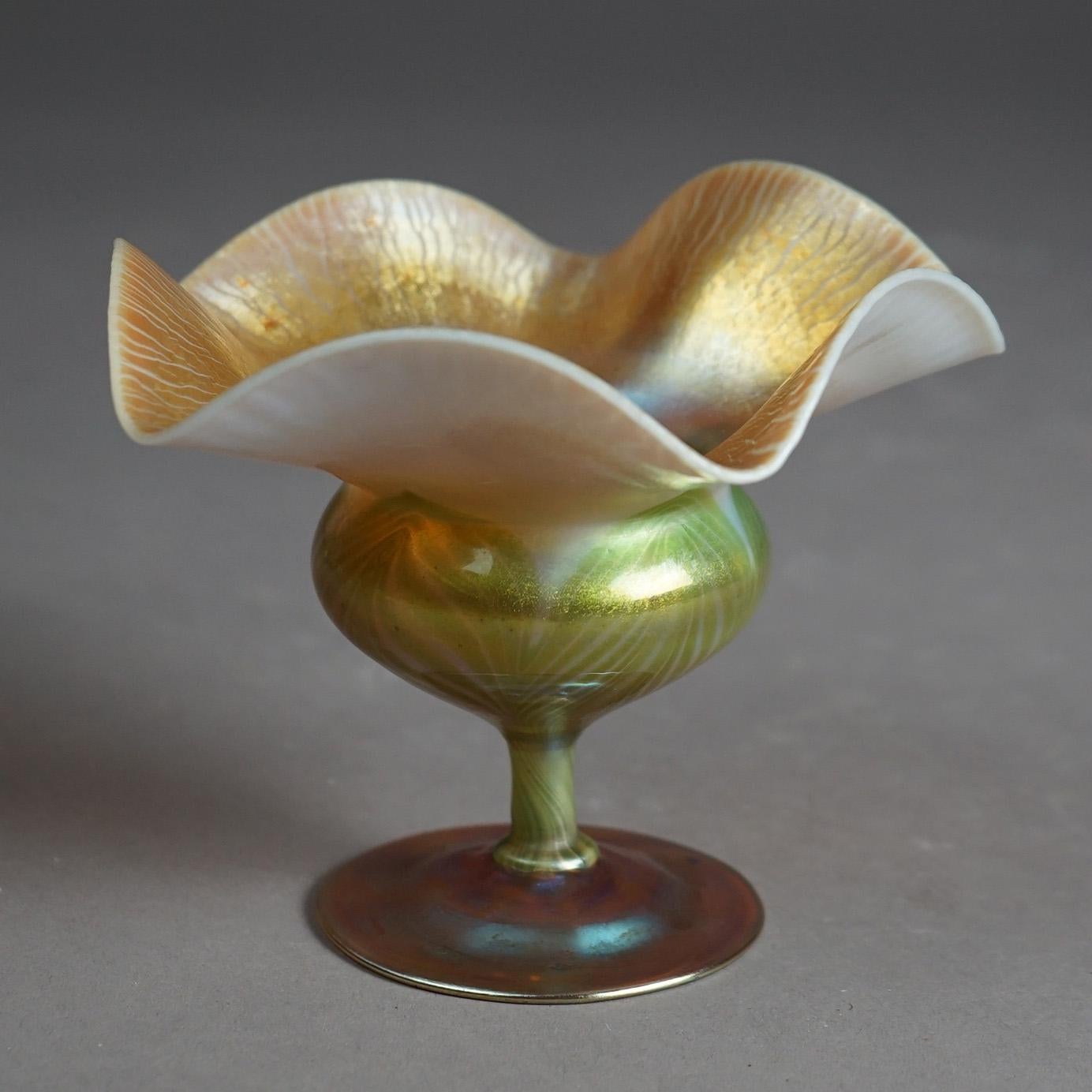 Antique Tiffany Art Glass Flora Form Favrile Pulled Feather Stemmed Vase C1910 1