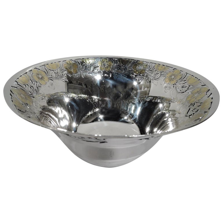 Antique Tiffany Art Nouveau Sterling Silver Bowl with Gilt Flowers For Sale