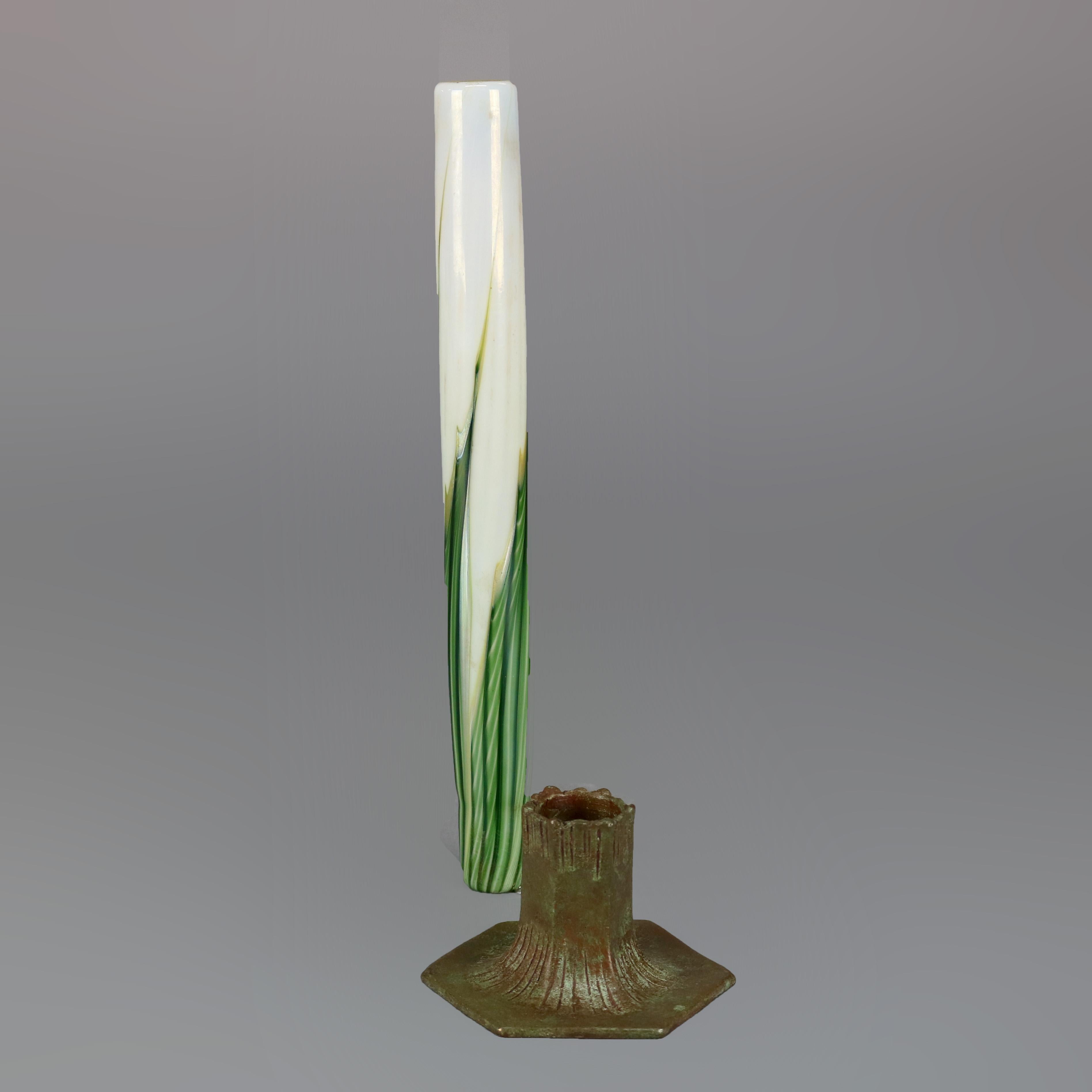 Art Nouveau Antique Bronze & Pulled Feather Art Glass Bud Vase After Tiffany, 20th C