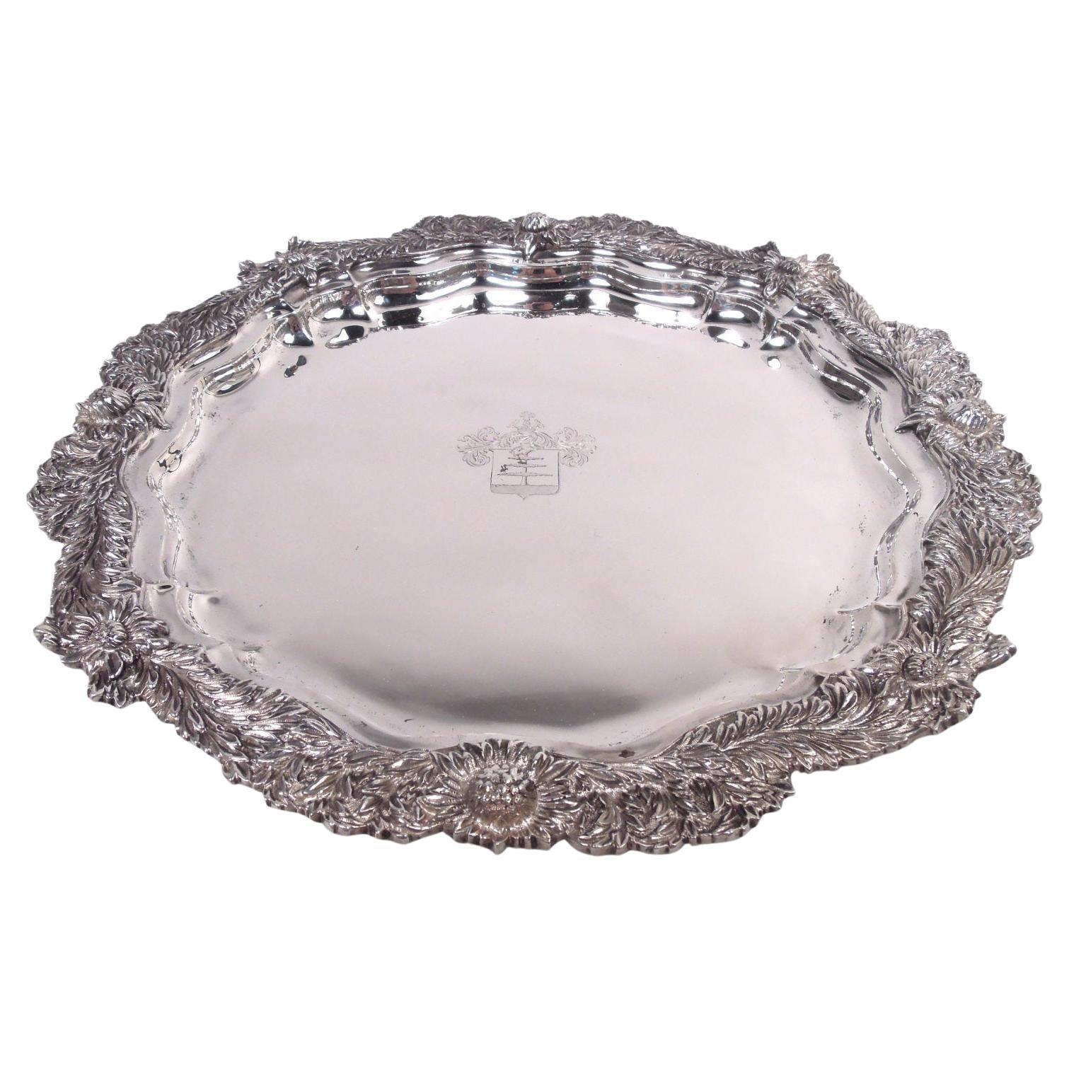 Plateau rond antique Tiffany Chrysanthème en argent sterling