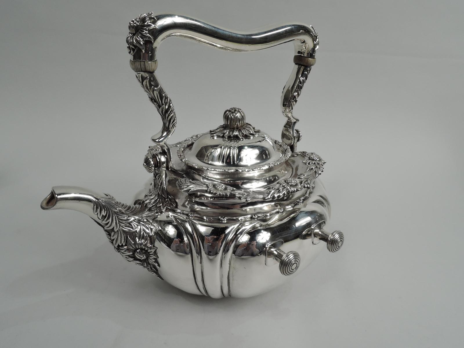 American Antique Tiffany Chrysanthemum Sterling Silver Tea Kettle on Stand
