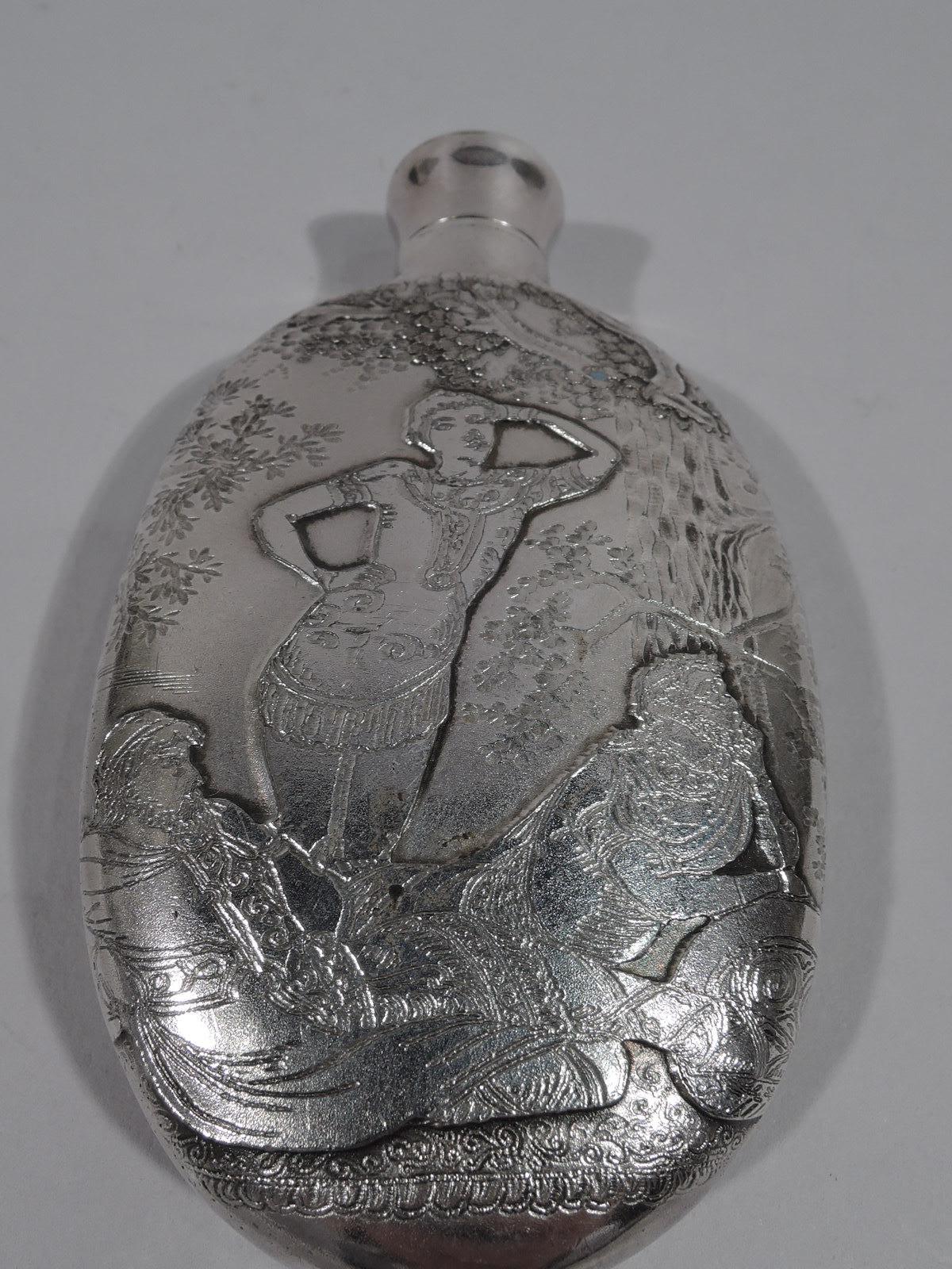 Classical sterling silver flask. Retailed by Tiffany & Co. in New York, circa 1890. Oval with threaded cover. Double sided acid-etched scene of thoughtful tunic-clad men. A dollop of Greek philosophy to accompany the self-medication. Small size