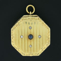 Antique Tiffany & Co. 14k Gold Sapphire & Diamond Engraved Pill Case Box Pendant