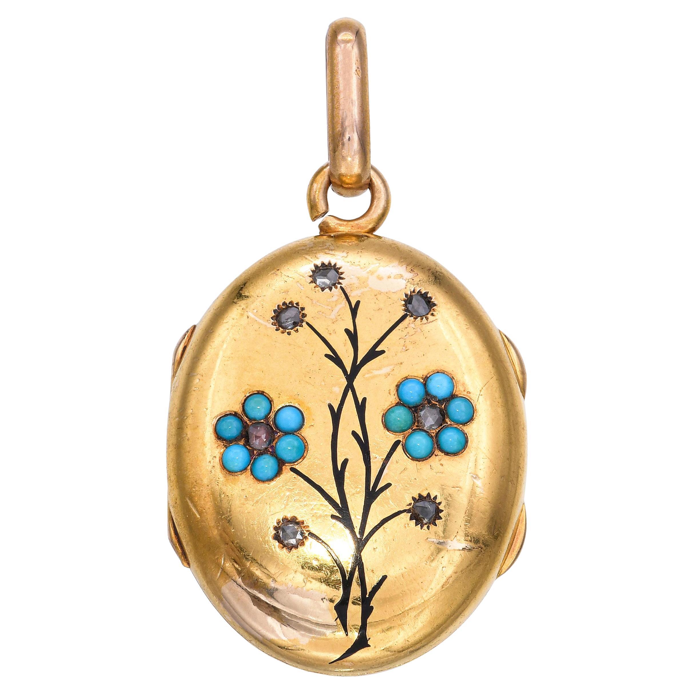 Antique Tiffany & Co. 14k Yellow Gold Turquoise and Diamond Locket Pendant