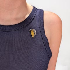 Antique Tiffany & Co 18K Gold Carved Tiger's Eye & Diamond Moon & Owl Stick Pin