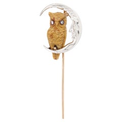 Antique Tiffany & Co 18K Gold Carved Tiger's Eye & Diamond Moon & Owl Stick Pin