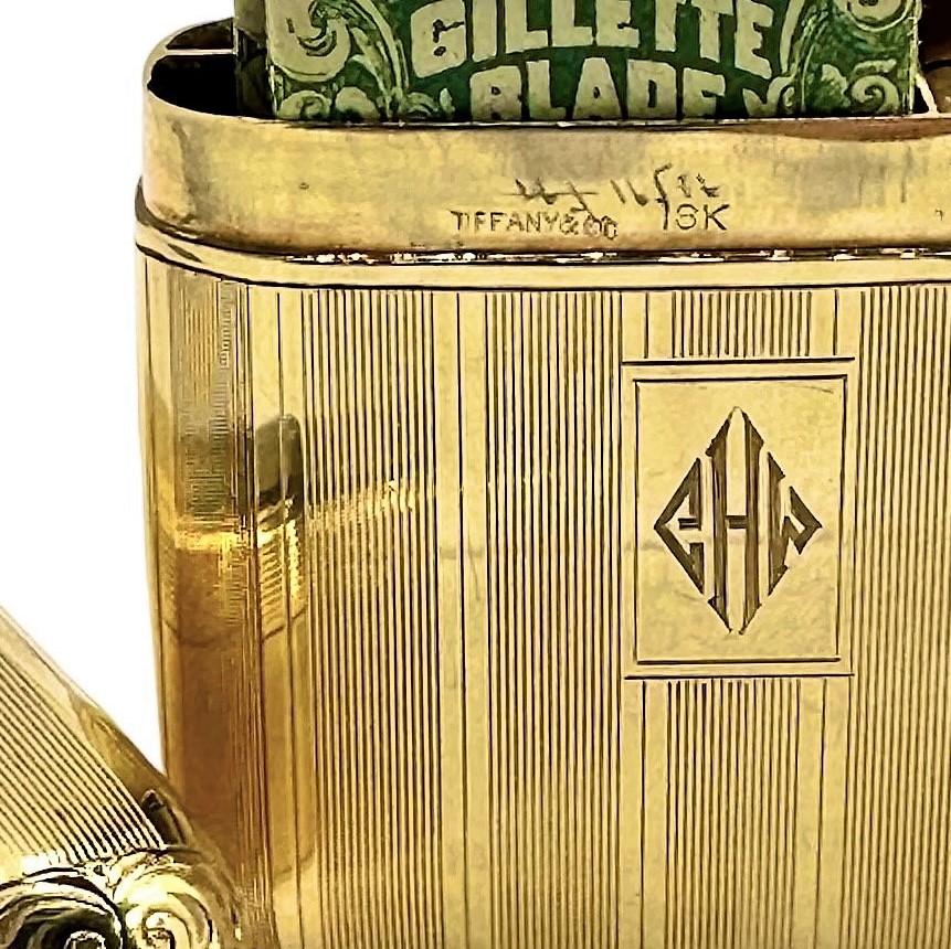  Antique Tiffany & Co 18k Gold Travel Razor & Case with Original Gillette Blades For Sale 1