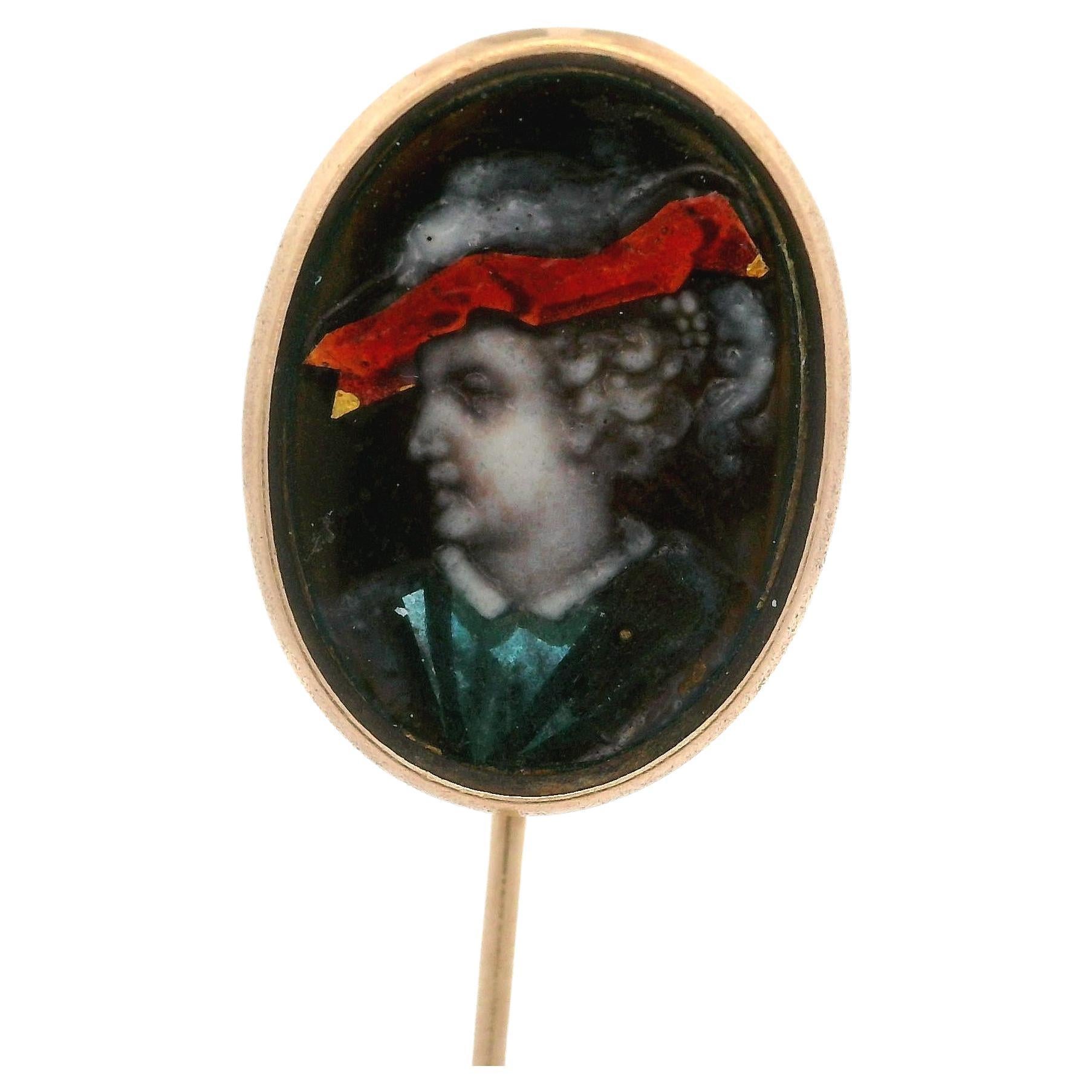 Antique Tiffany & Co. 18k Yellow Gold Hand Painted Portrait Stick Pin