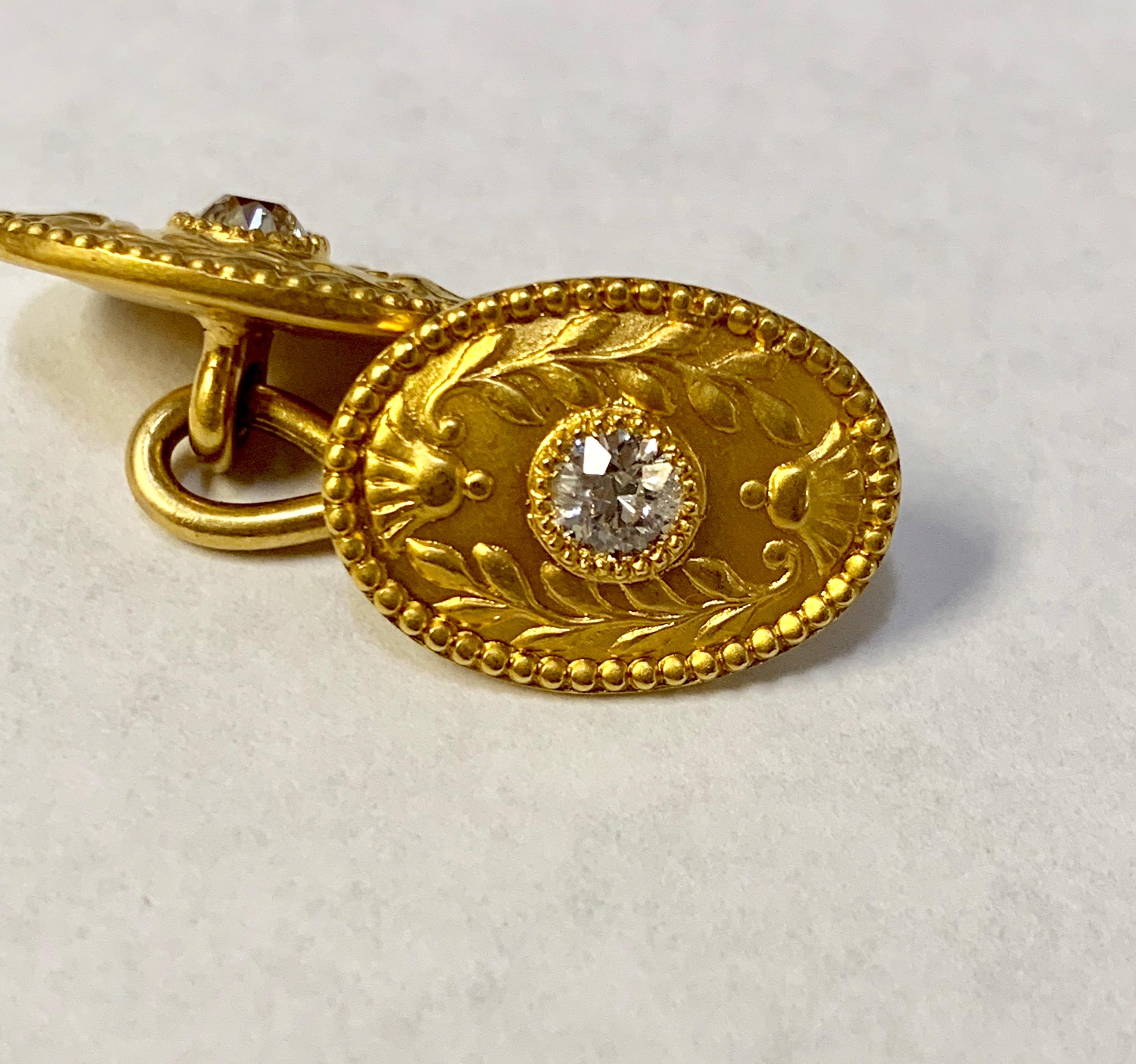 Women's or Men's Antique Tiffany & Co. 18 Karat Yellow Diamond Art Nouveau Oval Cufflinks For Sale