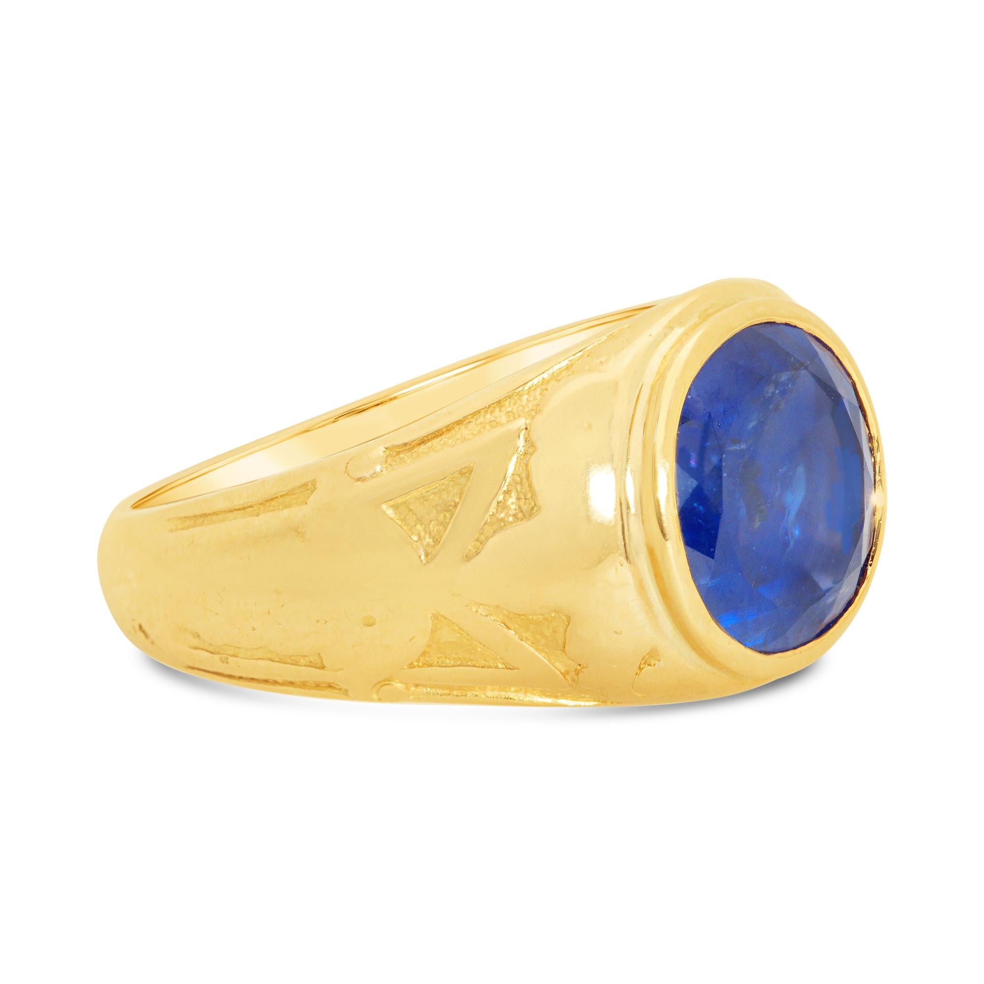 An antique fashion ring, featuring an AGL certified 4.21 carats round cut Burmese blue sapphire with no indications of heat treatment, bezel-set in 18K yellow gold. Size 6 US, resizable upon request. Created by Tiffany & Co. in the 1900s. 