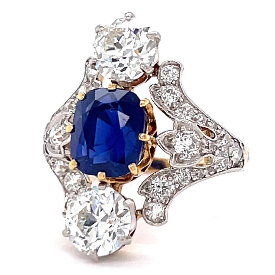 Edwardian Antique Tiffany & Co. AGL 4.33 Carat Kashmir No Heat Sapphire  Diamond Gold Ring