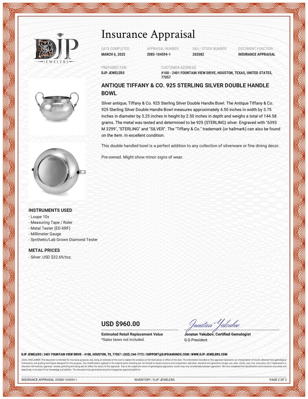 Antica ciotola a doppio manico in argento 925 di Tiffany & Co. in vendita 1