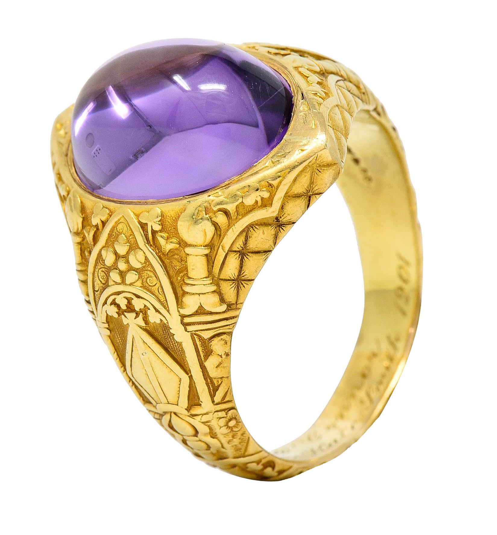 Antique Tiffany & Co. Amethyst Cabochon 18 Karat Gold Bishop Ecclesiastical Ring 4