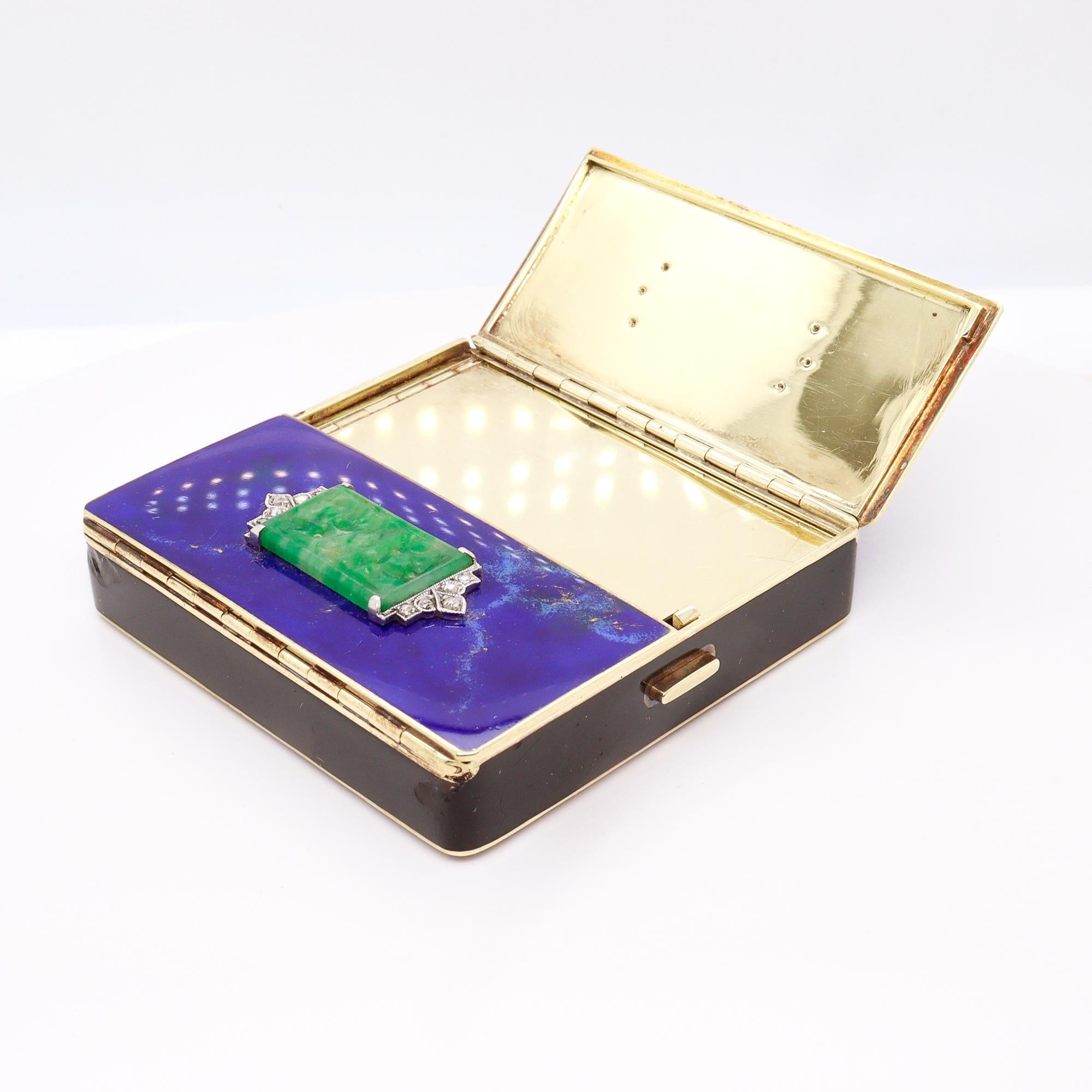 Antique Tiffany & Co Art Deco 14k Gold, Enamel, Jade, & Diamond Mirrored Compact For Sale 6