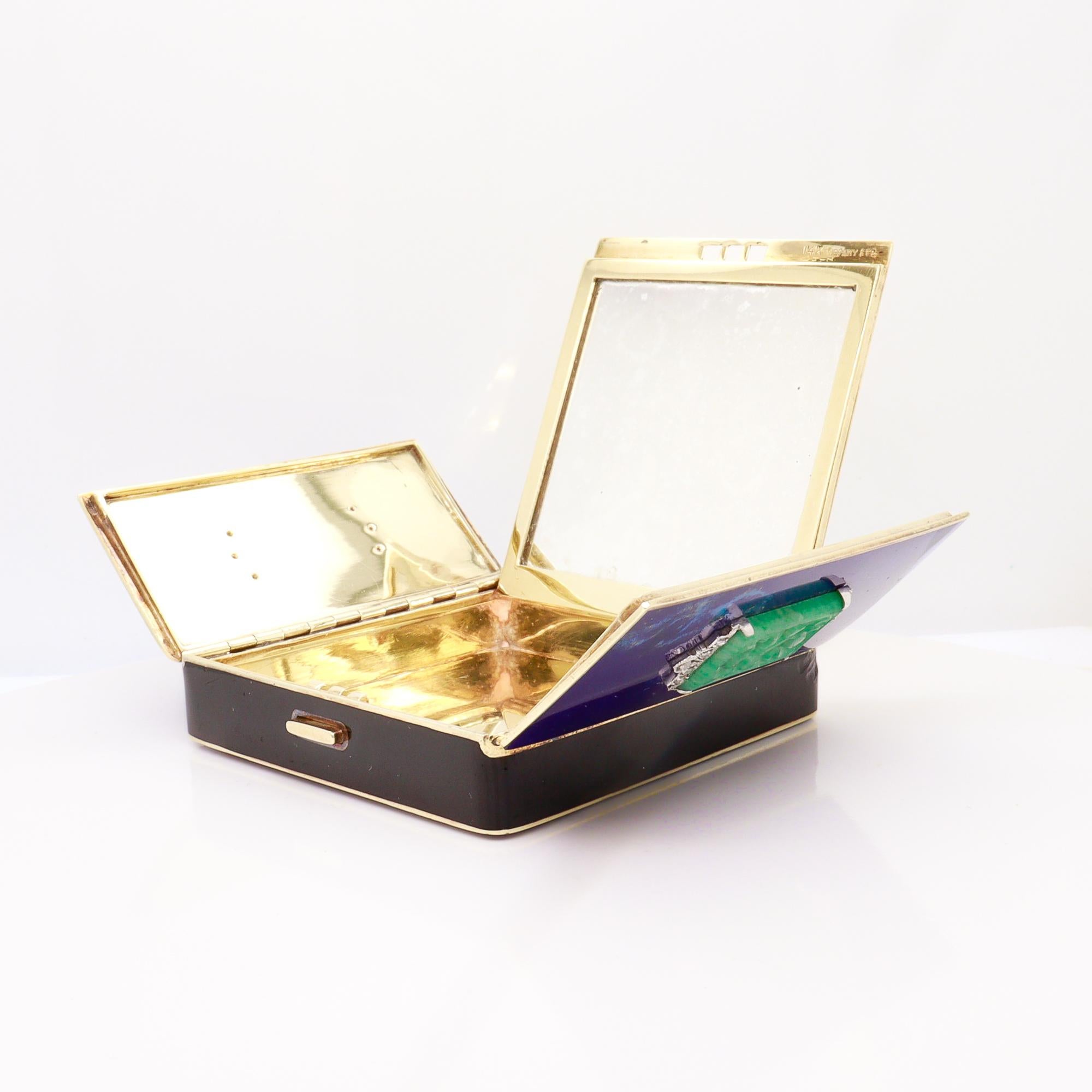 Antique Tiffany & Co Art Deco 14k Gold, Enamel, Jade, & Diamond Mirrored Compact For Sale 8