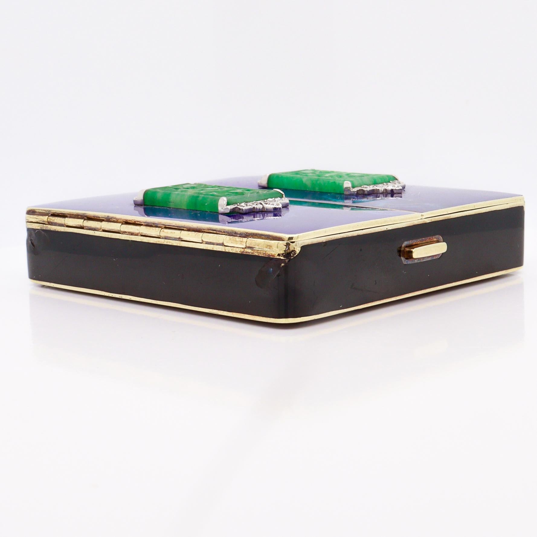 Antique Tiffany & Co Art Deco 14k Gold, Enamel, Jade, & Diamond Mirrored Compact For Sale 12