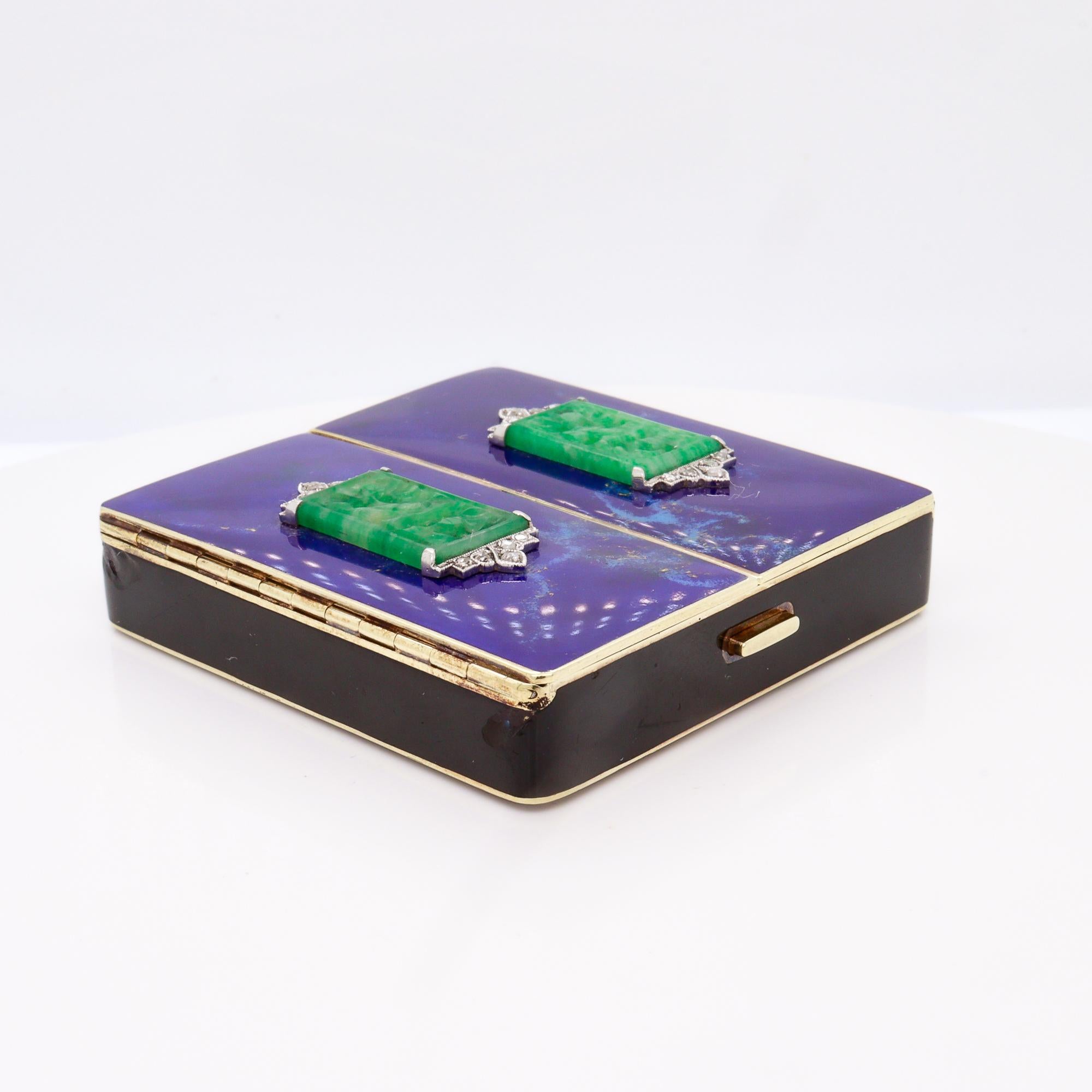 Round Cut Antique Tiffany & Co Art Deco 14k Gold, Enamel, Jade, & Diamond Mirrored Compact For Sale