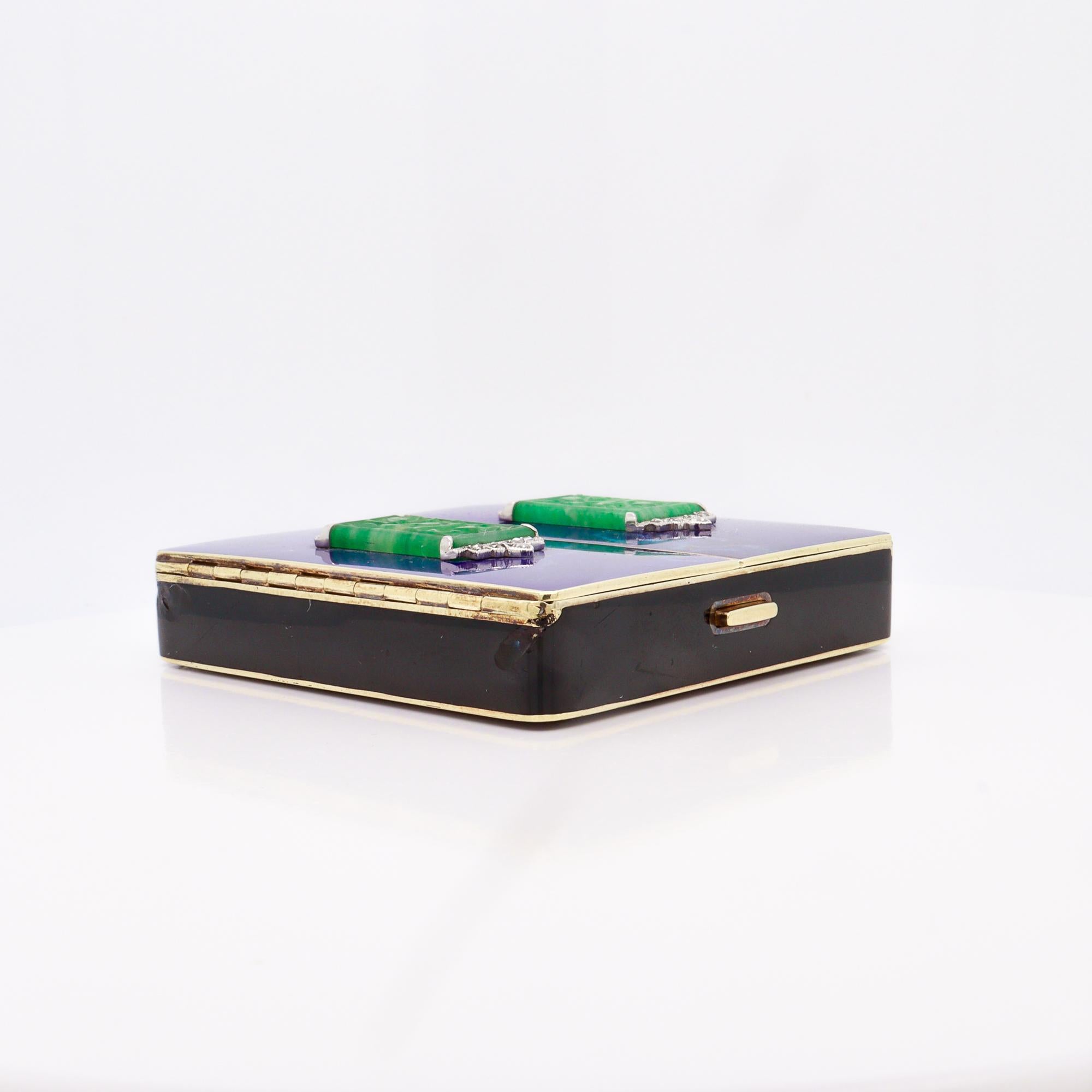 Antique Tiffany & Co Art Deco 14k Gold, Enamel, Jade, & Diamond Mirrored Compact In Good Condition For Sale In Philadelphia, PA