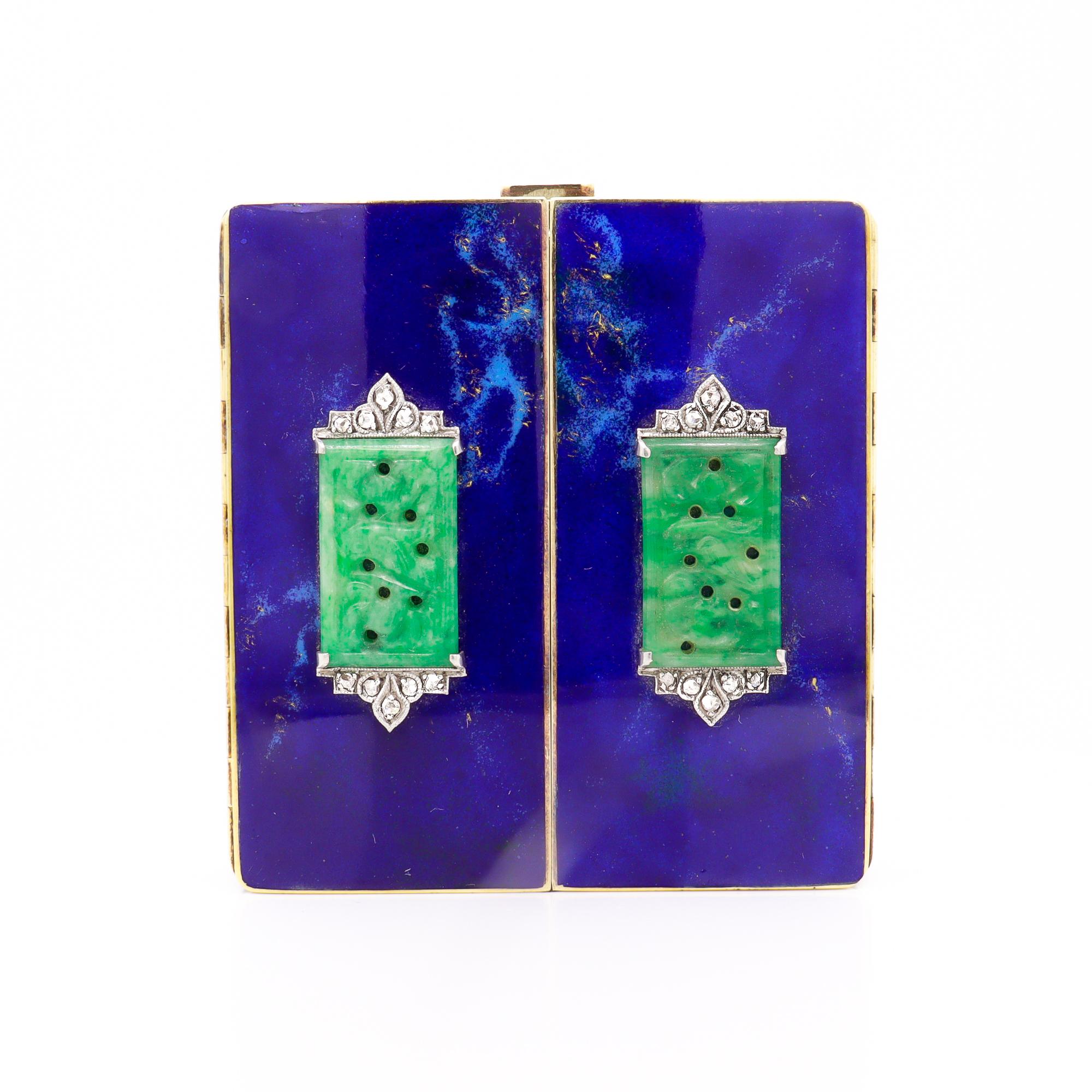 Antique Tiffany & Co Art Deco 14k Gold, Enamel, Jade, & Diamond Mirrored Compact For Sale 3