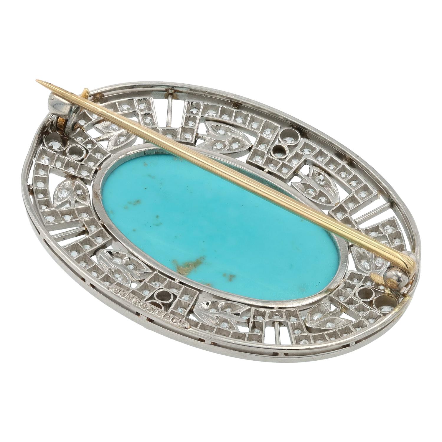 Antiguo broche Tiffany & Co Art Decó de turquesa y diamantes en platino Cabujón