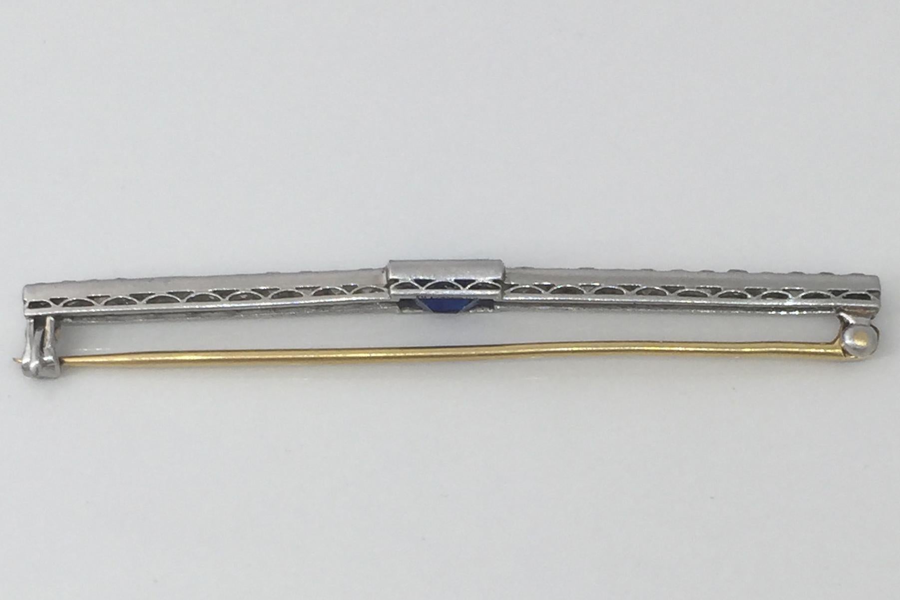 Emerald Cut Antique Tiffany & Co. Bar Pin Diamond Sapphire Platinum For Sale