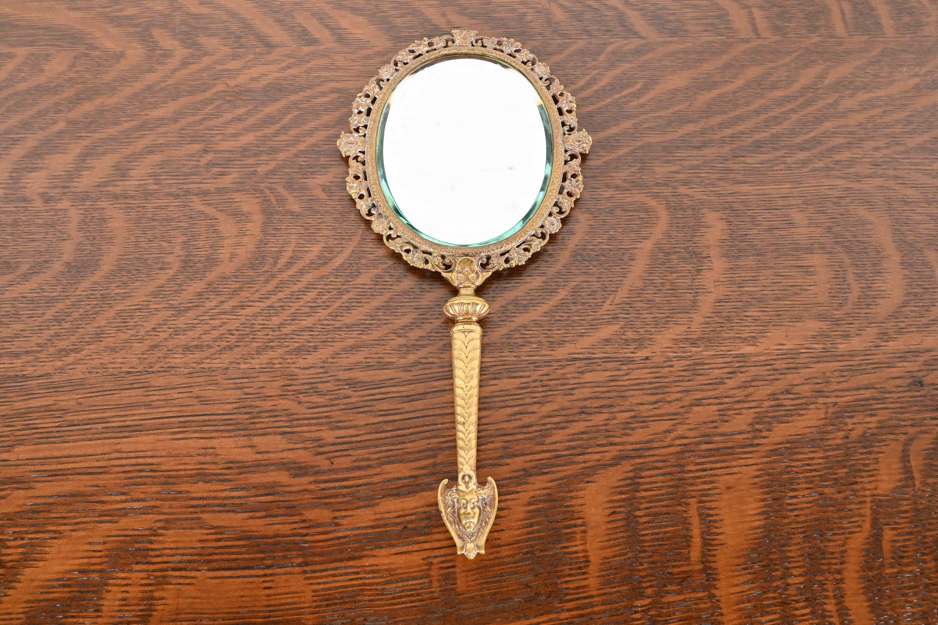 Arts and Crafts Antique Tiffany & Co. Bronze Doré Medusa Vanity Hand Mirror, Circa 1910 For Sale