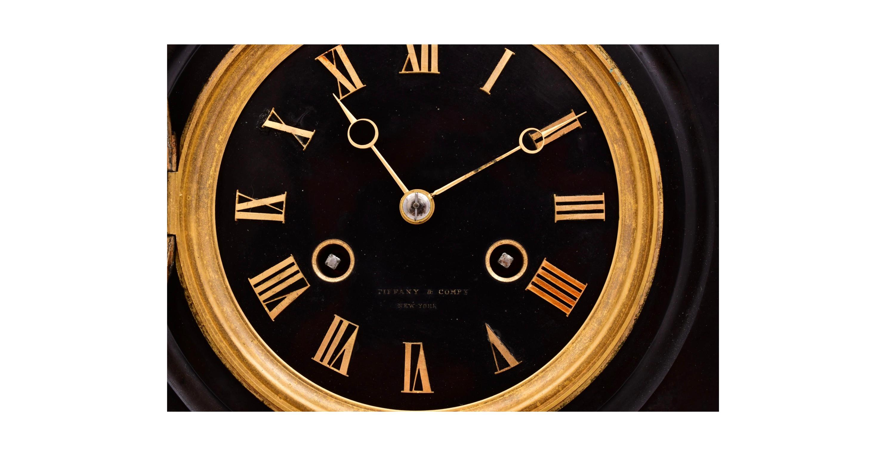 Neoclassical Antique Tiffany & Co. Bronze-Mounted Slate Mantel Clock For Sale