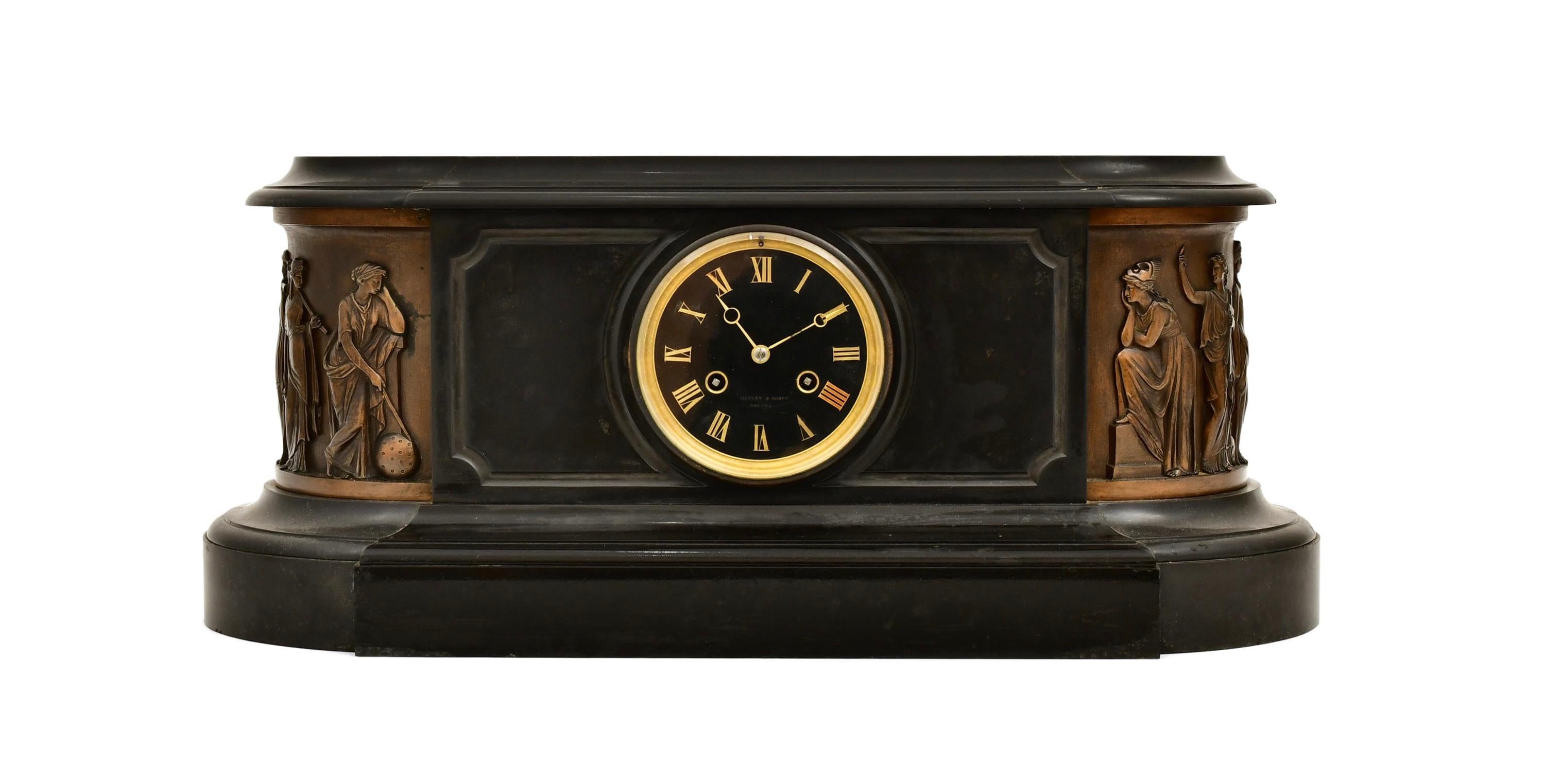 Mid-19th Century Antique Tiffany & Co. Bronze-Mounted Slate Mantel Clock For Sale