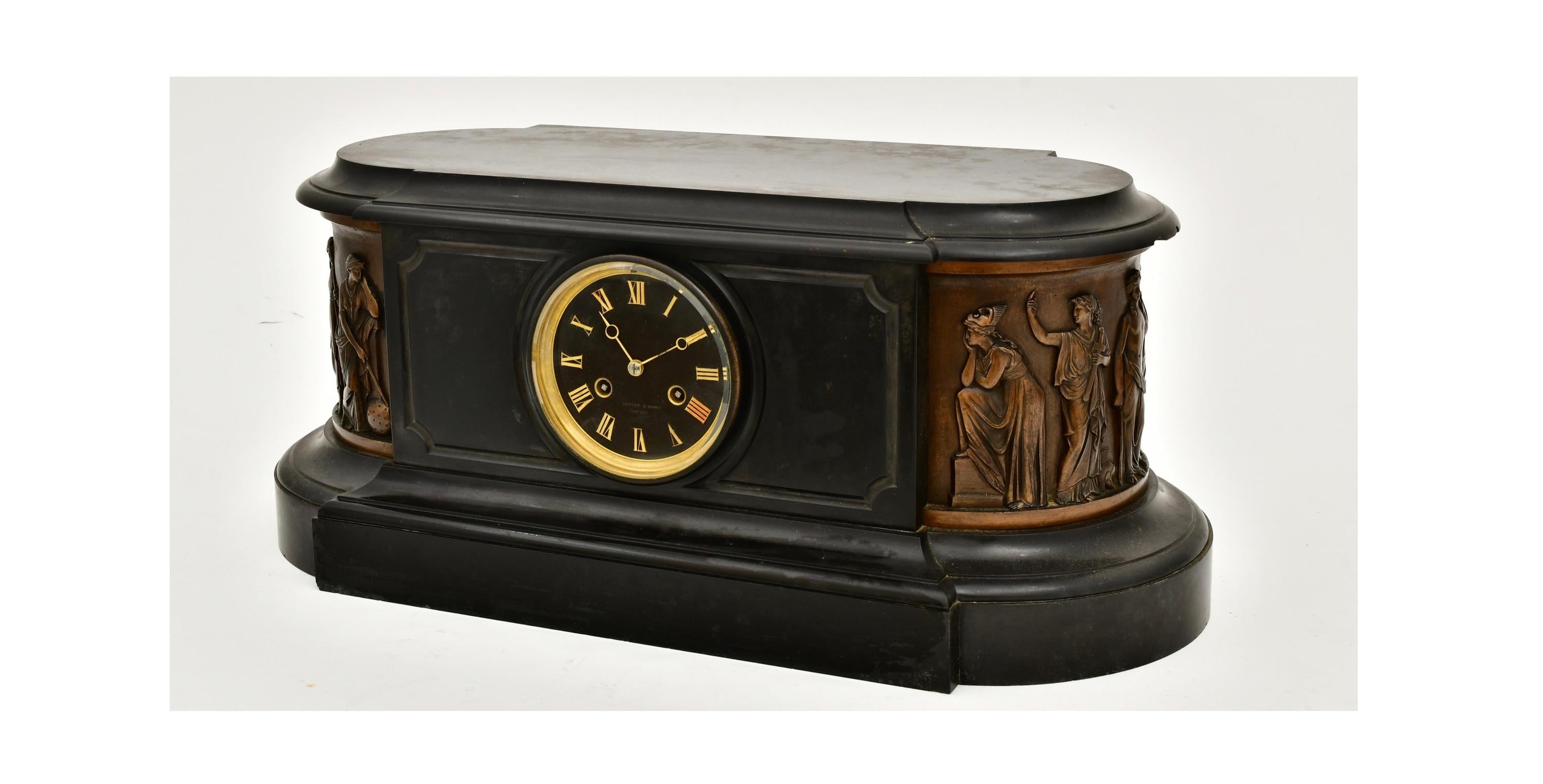 Brass Antique Tiffany & Co. Bronze-Mounted Slate Mantel Clock For Sale