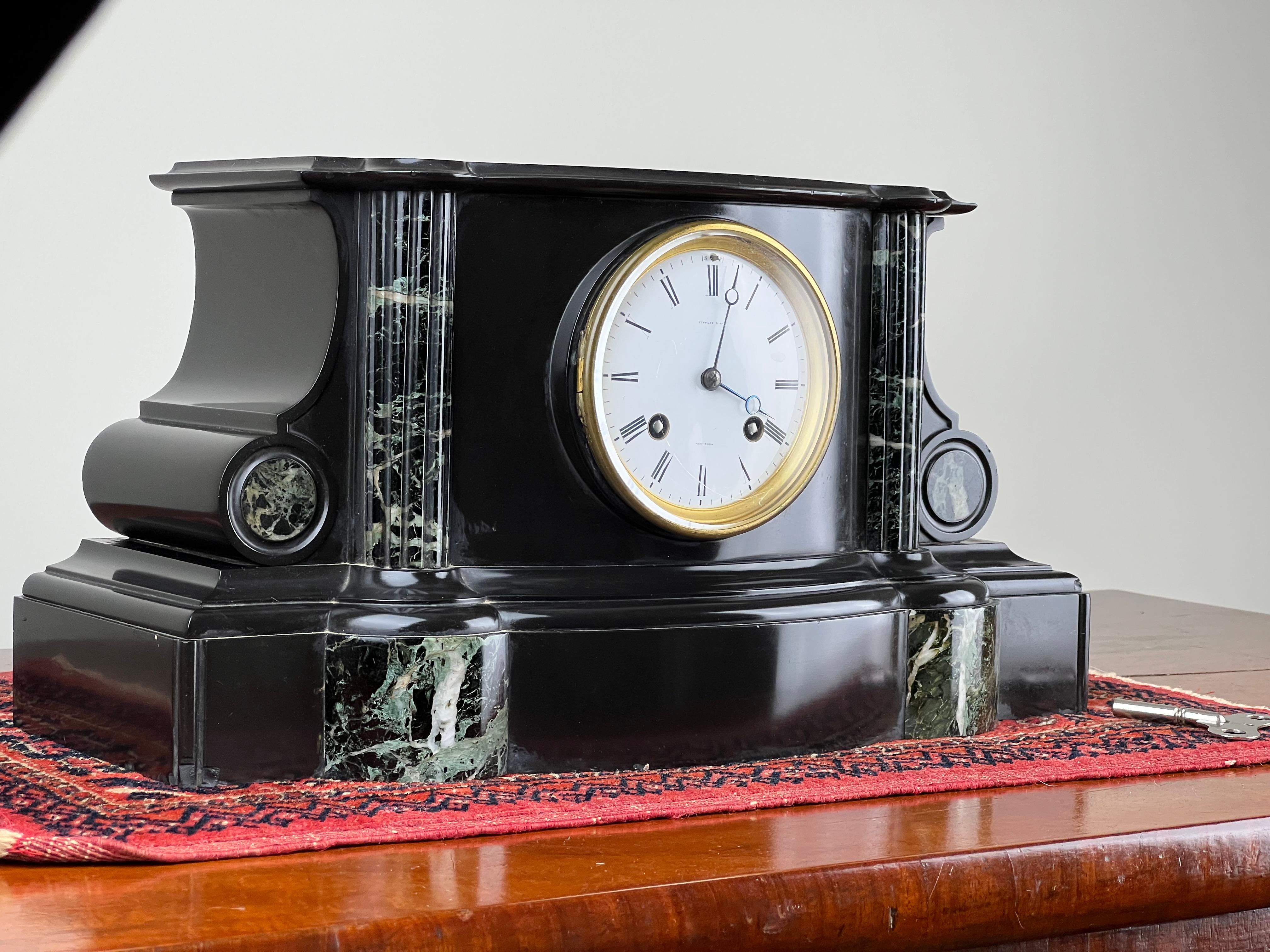 Victorian Antique Tiffany & Co. Carved Slate and Marble Mantle Clock Time and Strike c. Ea For Sale