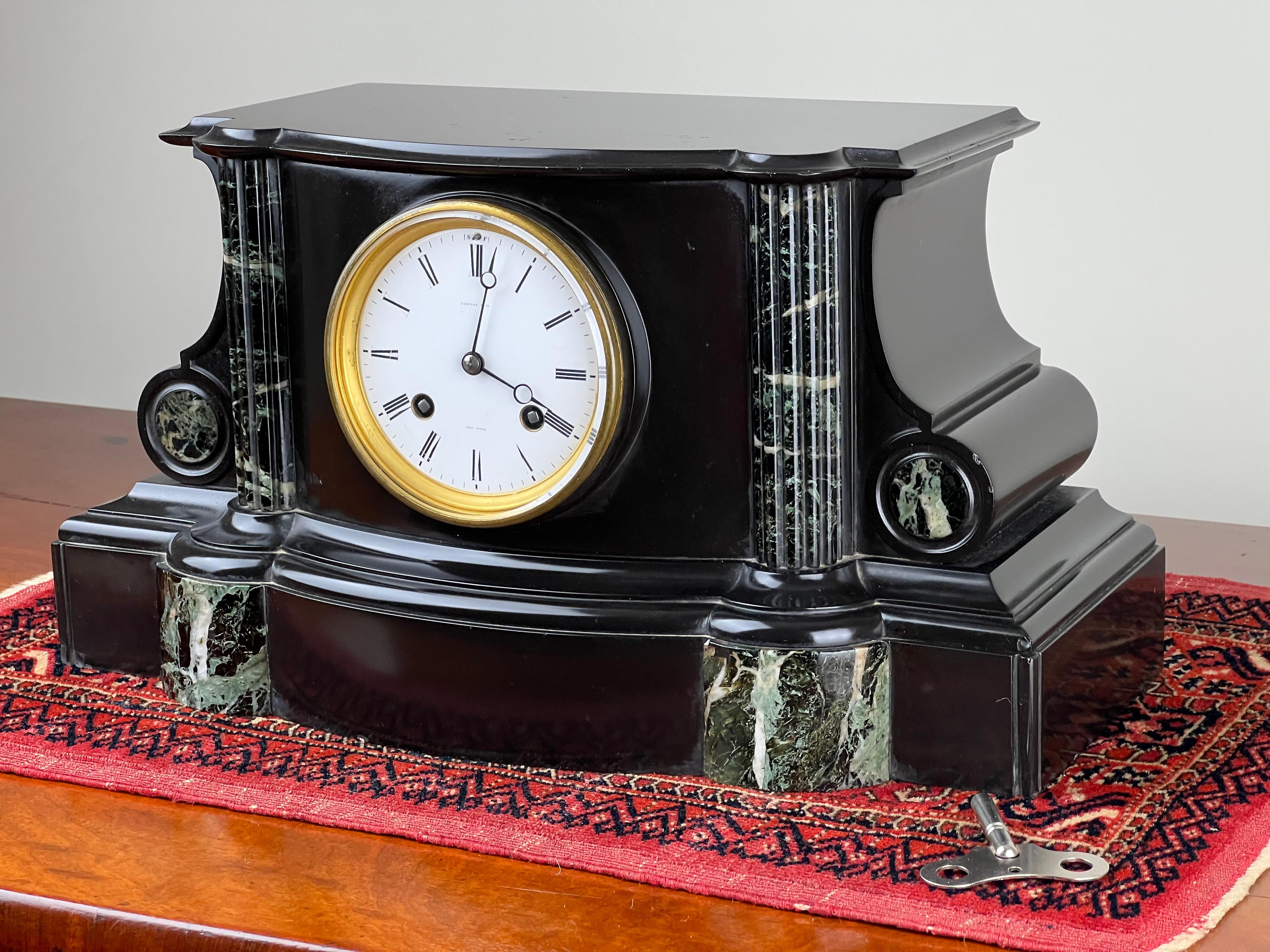 American Antique Tiffany & Co. Carved Slate and Marble Mantle Clock Time and Strike c. Ea For Sale