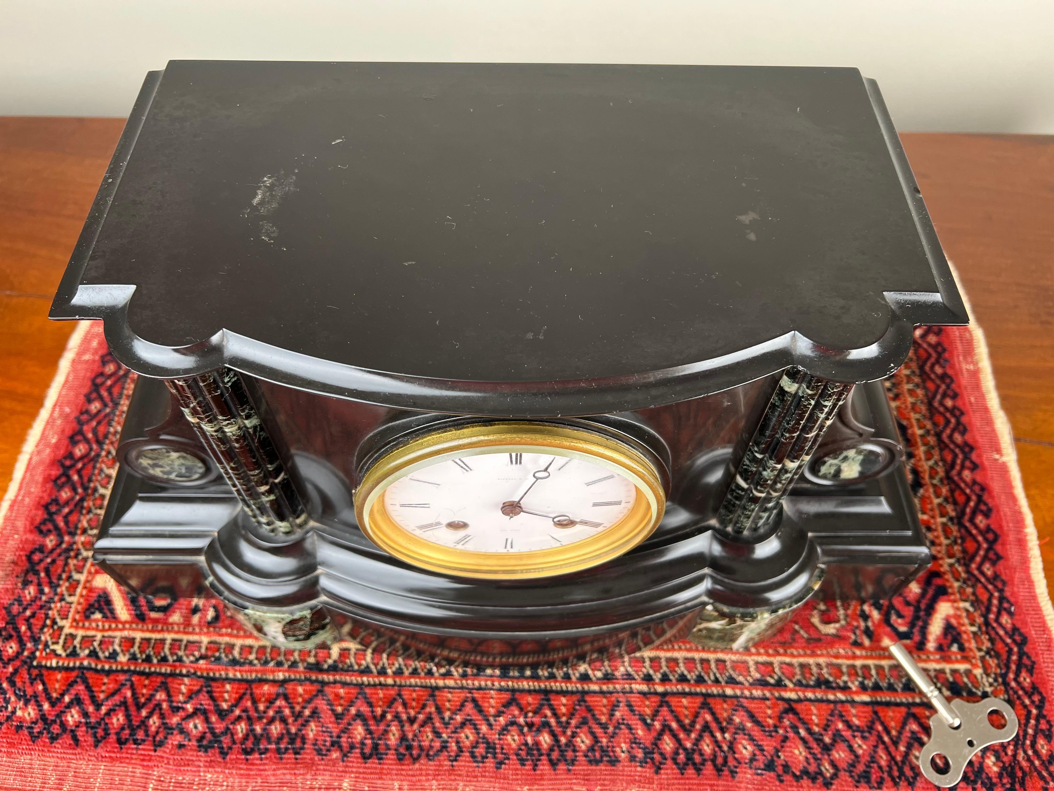 20th Century Antique Tiffany & Co. Carved Slate and Marble Mantle Clock Time and Strike c. Ea For Sale