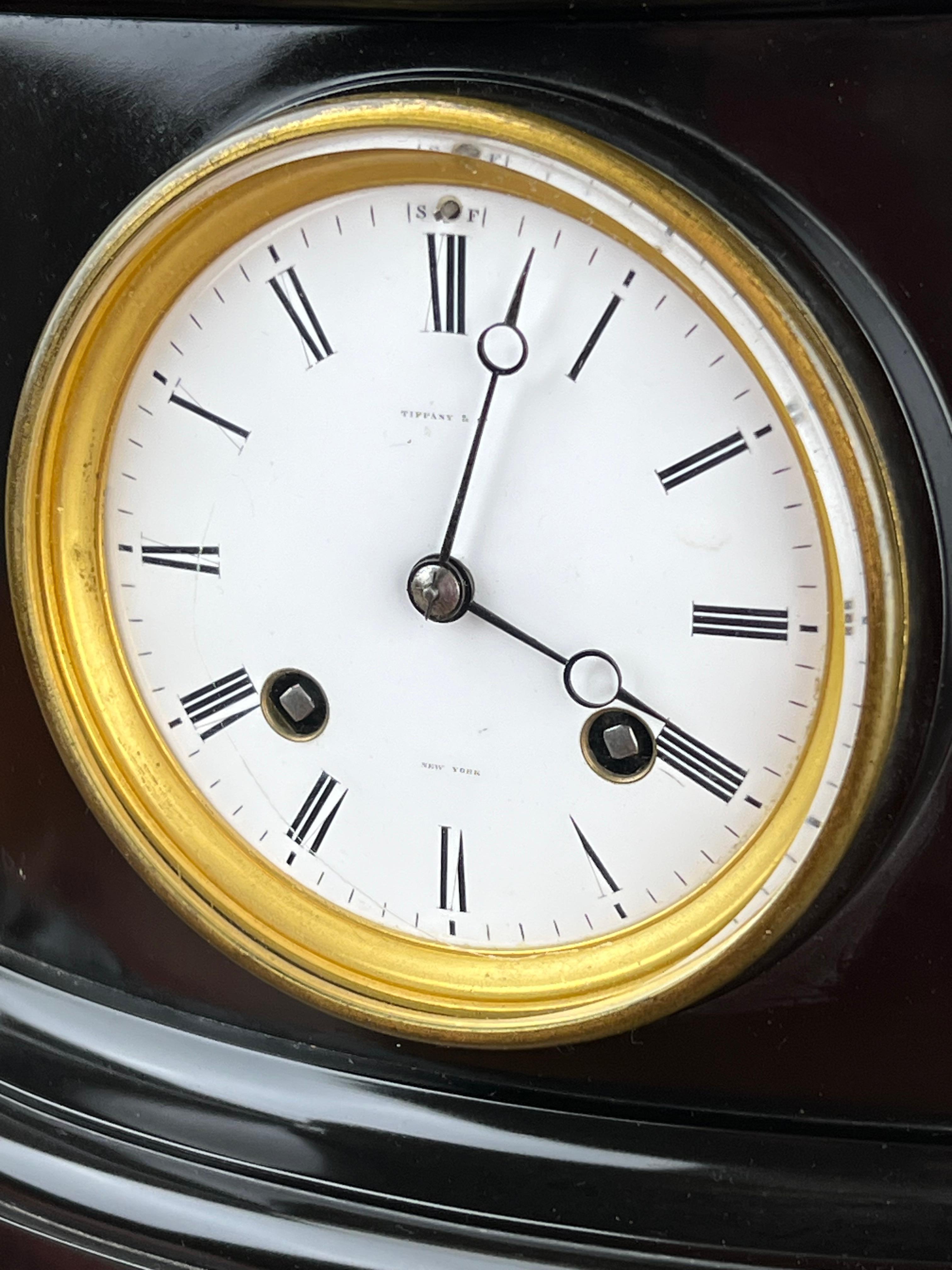 Antique Tiffany & Co. Carved Slate and Marble Mantle Clock Time and Strike c. Ea For Sale 1