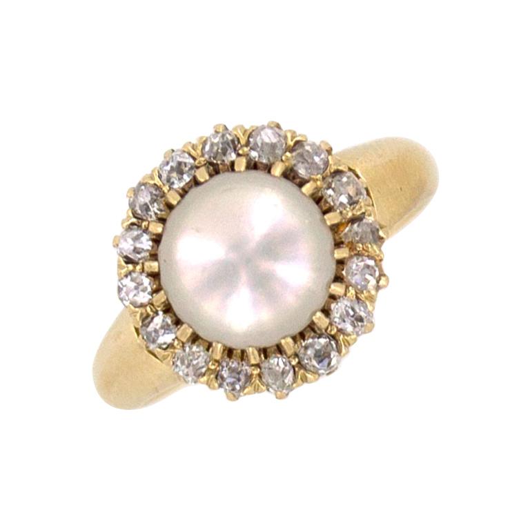 Antique Tiffany & Co. Company Diamond Natural Pearl 18 Karat Yellow Gold Ring