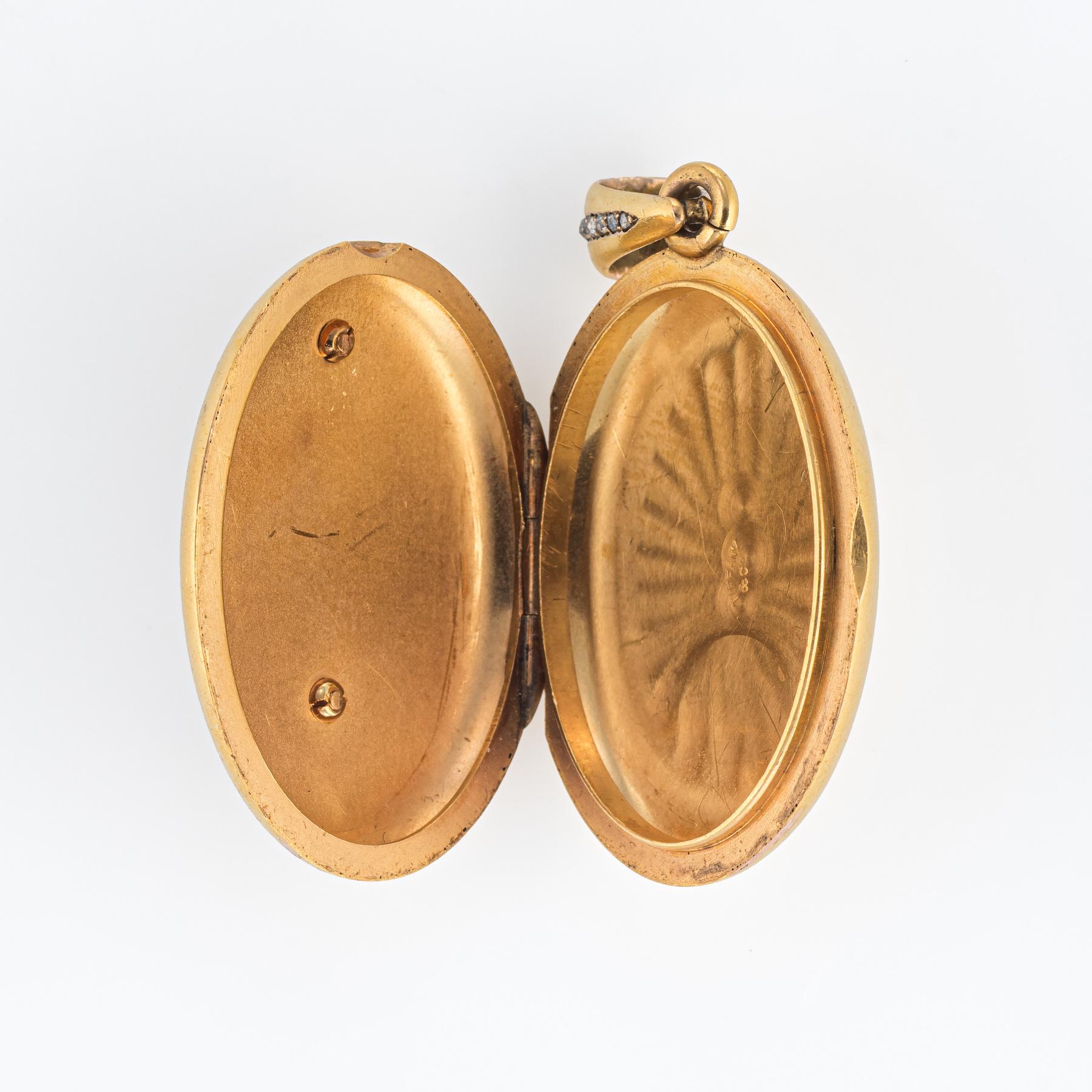 Superb antique Tiffany & Co diamond script locket (circa 1880s), crafted in 18k yellow gold. 

The larger in scale locket is set with an estimated 0.70 carats of old rose cut diamonds. The diamonds are estimated at I-J color and SI2-I1 clarity.

A