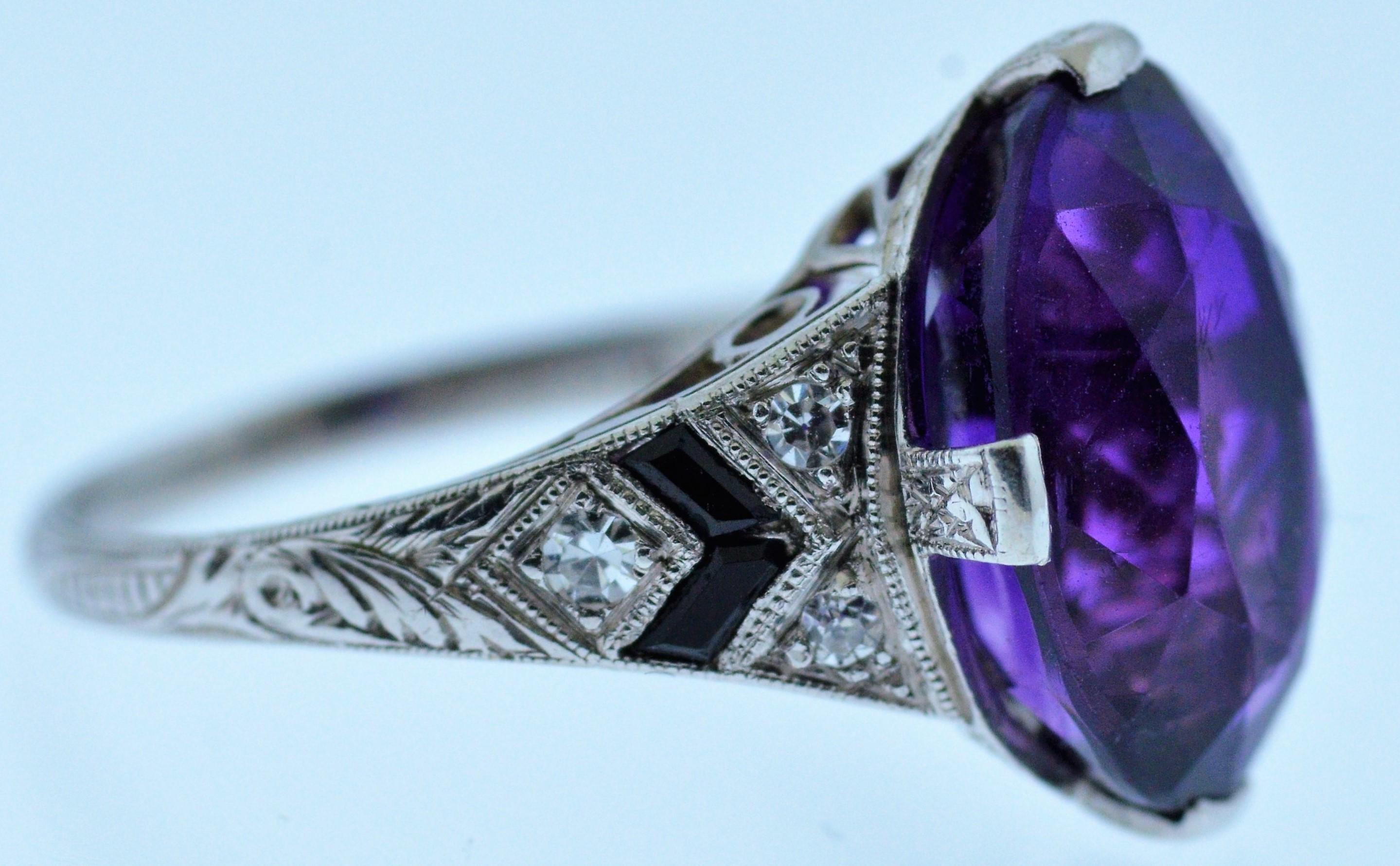 Antique Tiffany & Company Engagement Ring set with Amethyst, Onyx and Diamonds