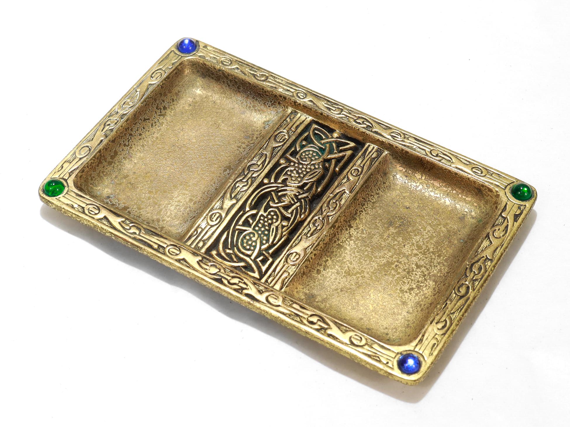 Arts and Crafts Antique Tiffany & Co. Gilt Bronze & Glass Cabochon 'Ninth Century' Double Dish