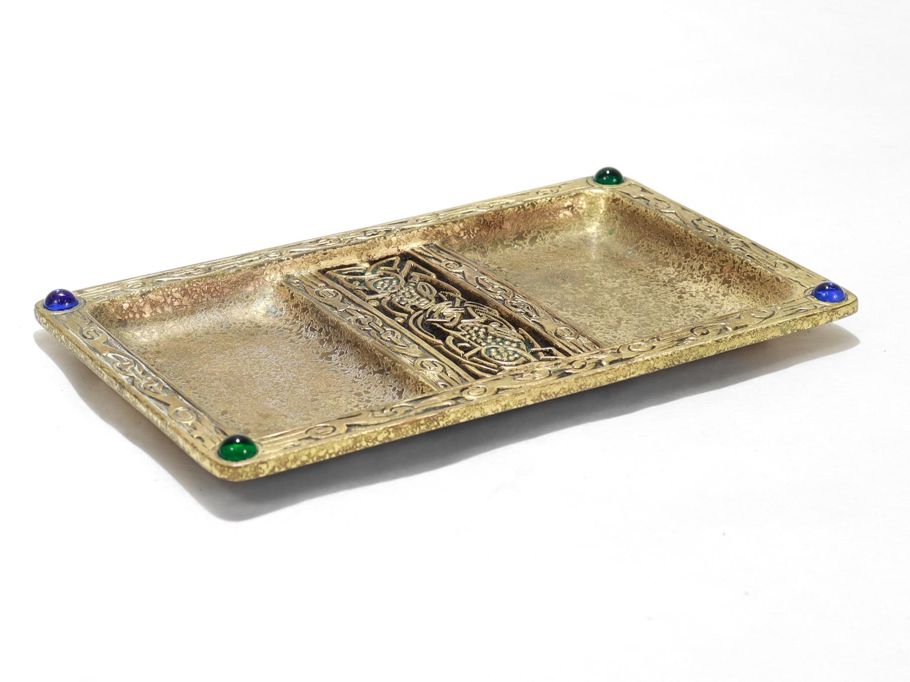 Antique Tiffany & Co. Gilt Bronze & Glass Cabochon 'Ninth Century' Double Dish In Good Condition In Philadelphia, PA