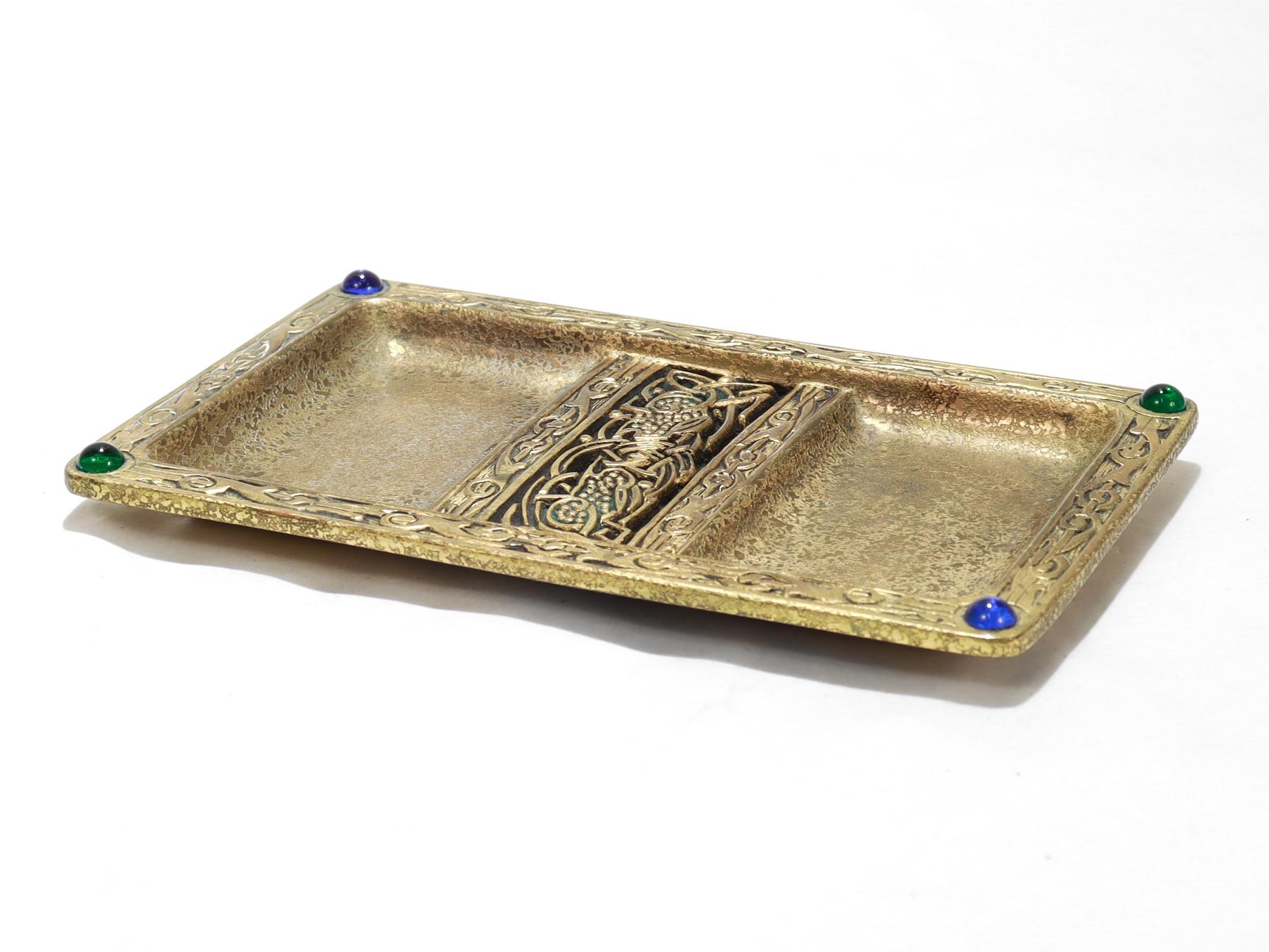 20th Century Antique Tiffany & Co. Gilt Bronze & Glass Cabochon 'Ninth Century' Double Dish
