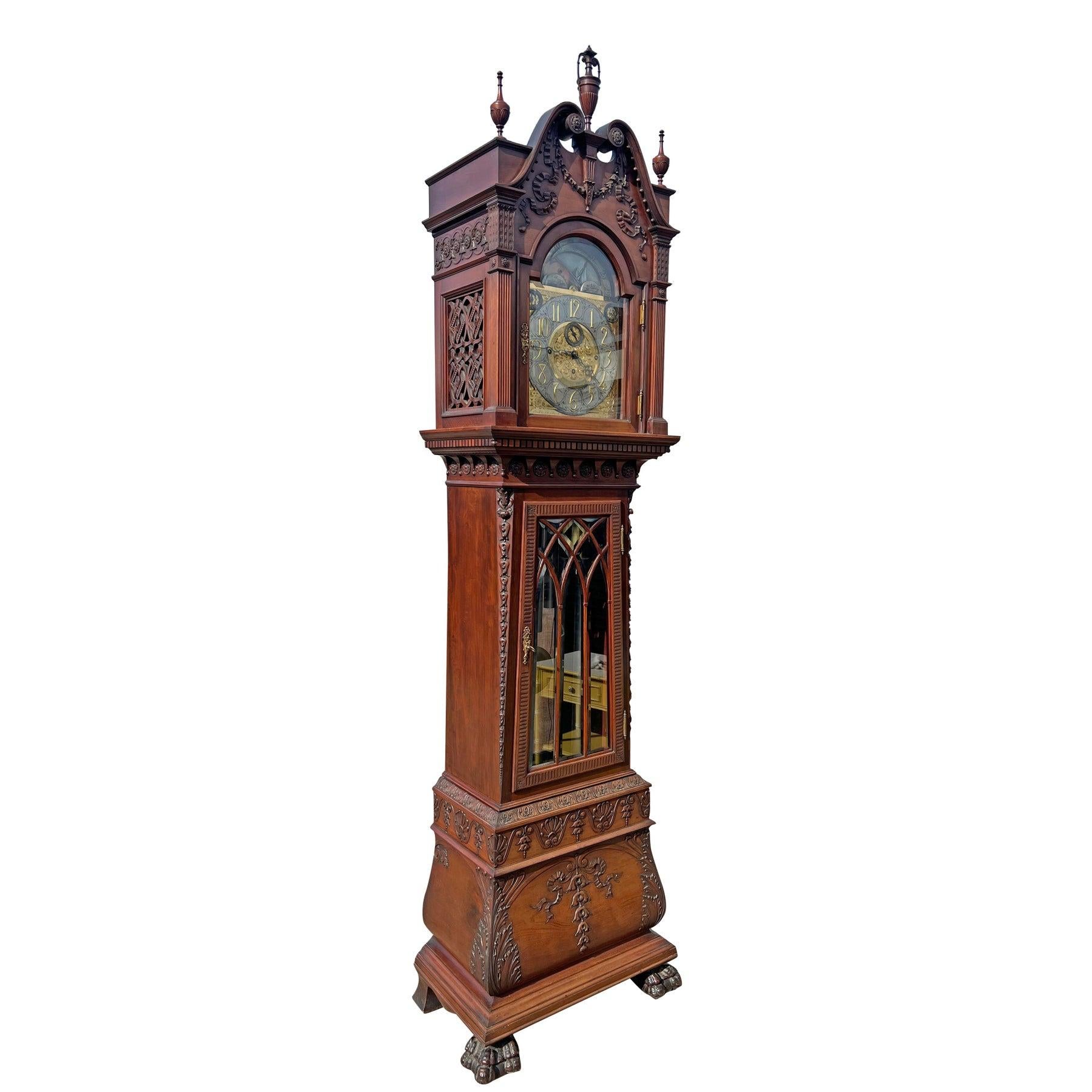 Monumental Antique Tiffany & Co. Grandfather Clock Tall Case Clock by Walter Durfee

Rare estate find!
Stunning clock with heavy carving beveled glass door 9 bells have the keys and wind.
Please do your research I am not a clock expert this was a