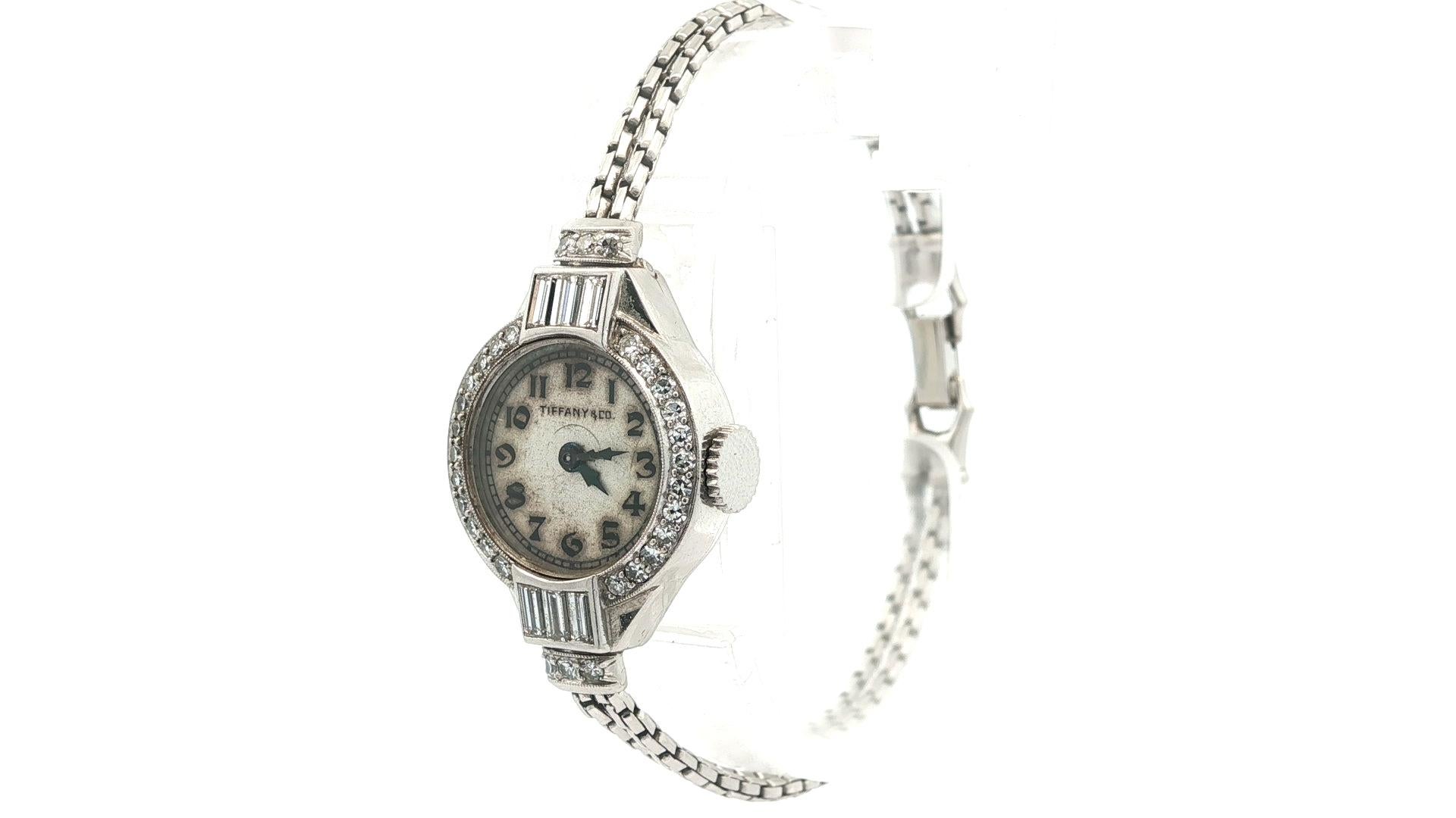 Antigüedades Tiffany & Co. Pulsera reloj Hamilton Platino Baguette y Diamante Redondo Corte redondo en venta