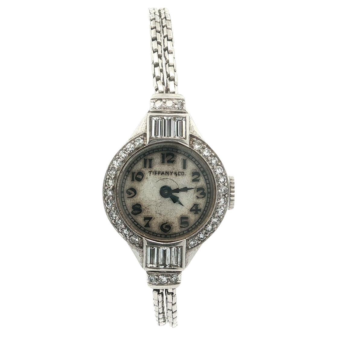 Antigüedades Tiffany & Co. Pulsera reloj Hamilton Platino Baguette y Diamante Redondo en venta