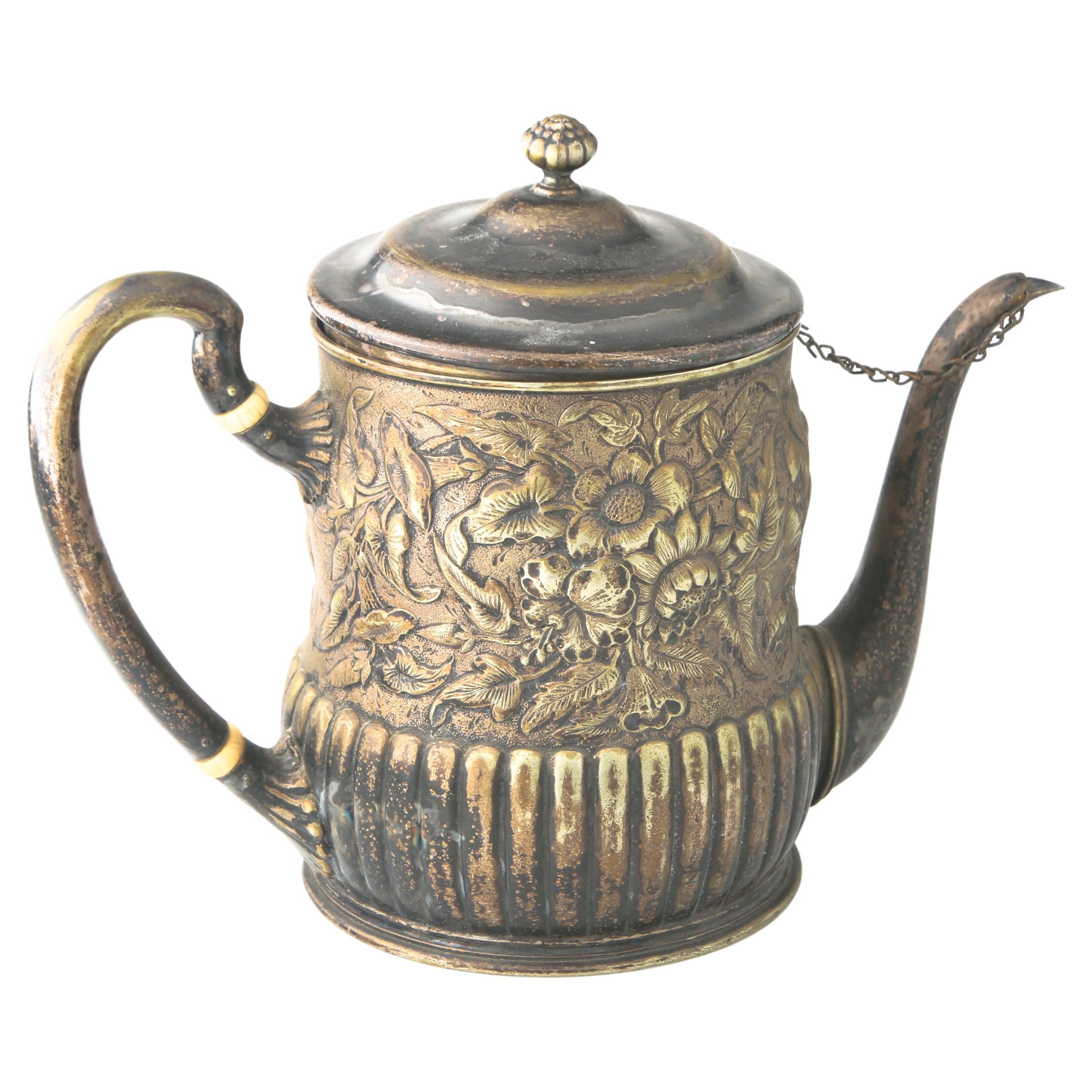 Antique Tiffany & Co Makers Silver Soldered Tea Pot Floral Repousse, 8358 For Sale