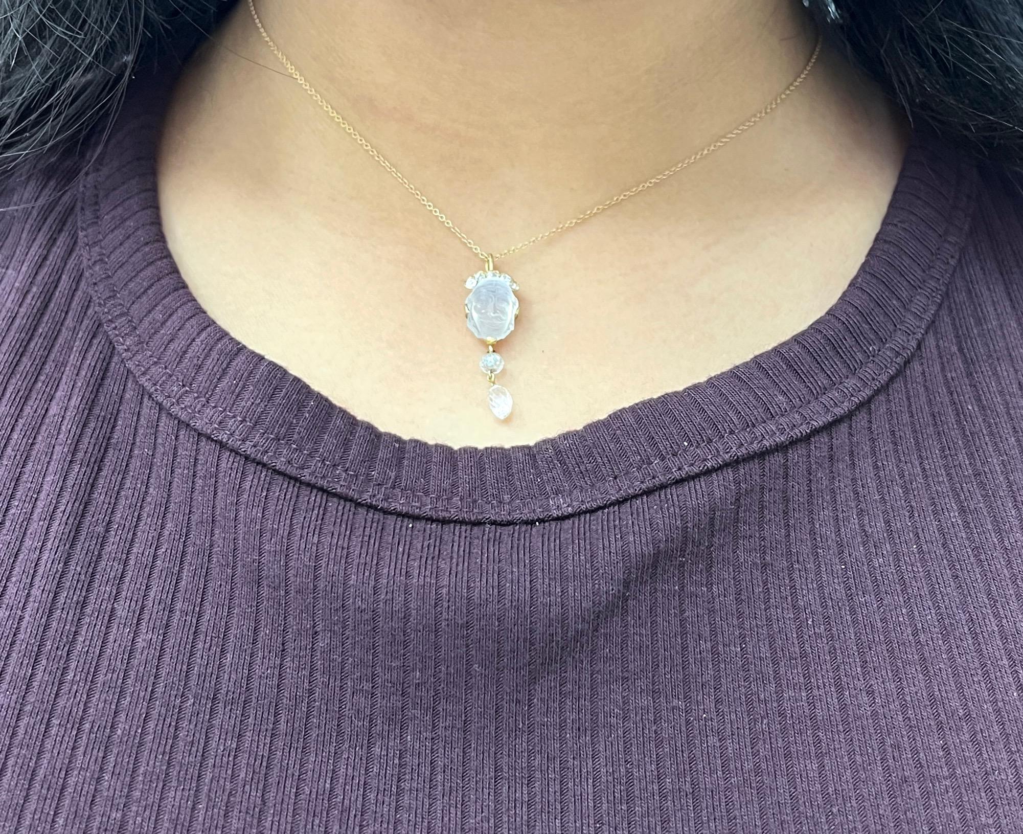 Antique Tiffany & Co. Moonstone Diamond Pendant Drop Necklace For Sale 4